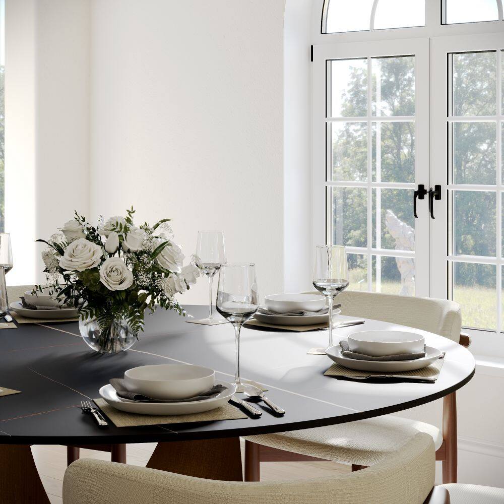 Back. POVISON - 59" Modern Round Dining Table for 6, Black Matte Sintered Stone Table with Bronze U-shaped  Steel Base - Black Matte Sintered Stone with Bronze Steel Base.