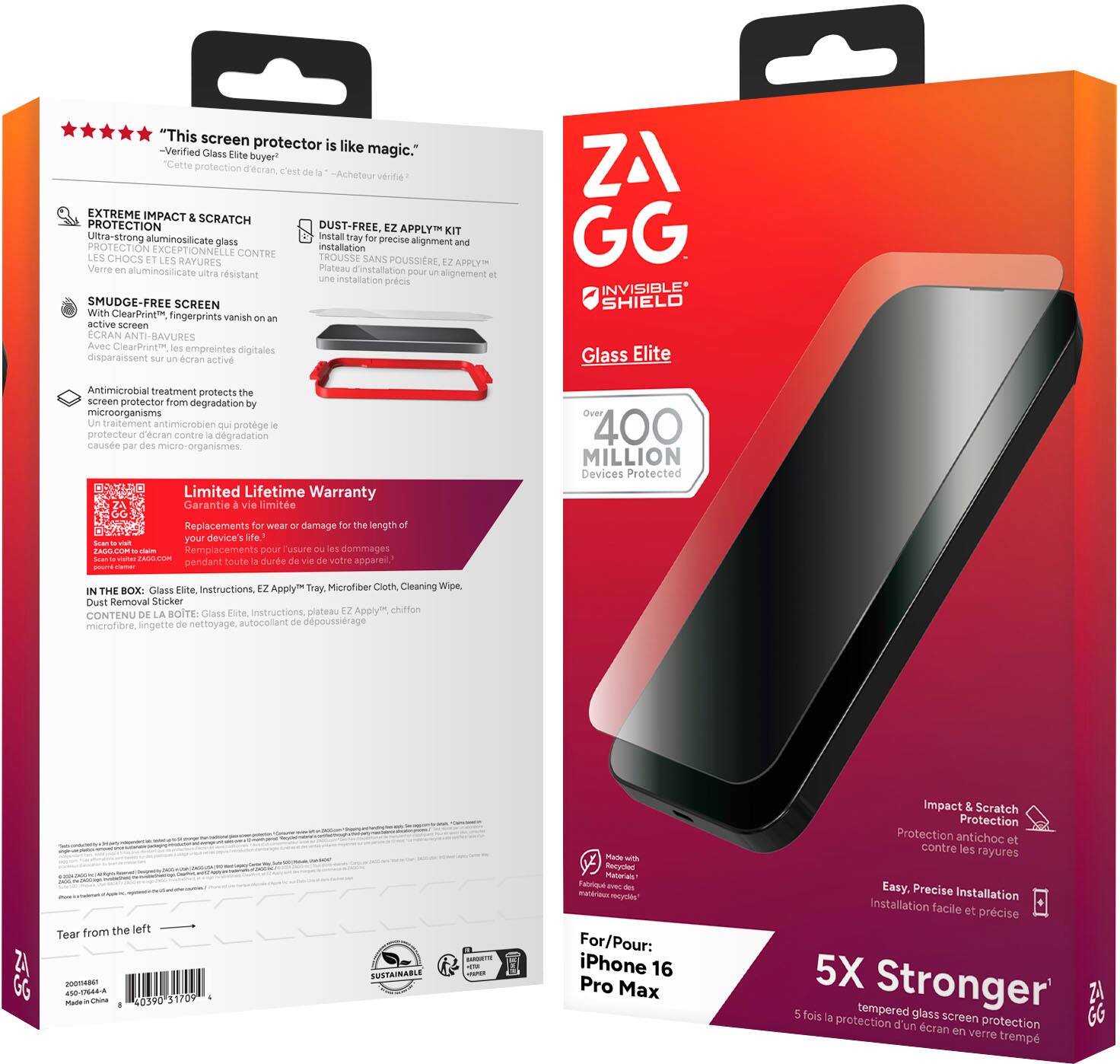 "This screen protector is like magic." Glass Elite buyer? "Cette protection Feeran -Acheteur vibohe EXTREME IMPACT SCRATCH PROTECTION DUST-FREE EZ APPLY KIT Uitra-streng aluminosilicate install Tray precise glass alignment PROTECTION EXCEPTIONNFLLE installation S CONTRE TROUSSE CHOCS LFS RAYURES SANS POUSSIERE APPLYH Verre Plateau d'installation aluminosllicate utra rsistant poue alignement installation prcn SMUDGE-FREE SCREEN With ClearPrint fingerprints vanish active screen FCRAN T-BAVURES Avec ClearPrinte empreintes digitales disparassent cran active Z GG INVISIBLE* SHIELD Glass Elite Antimicrobial treatment protects the screen protector from degradation microonganisms raitement entimicrobien protge protecteur decran contre degradation Causo des micro-organismes Limited Lifetime Warranty Garantie vie limite over 400 MILLION Devices Protected Replacements wea damage length your device's lne. Remplacements pour ruture dommages penda.