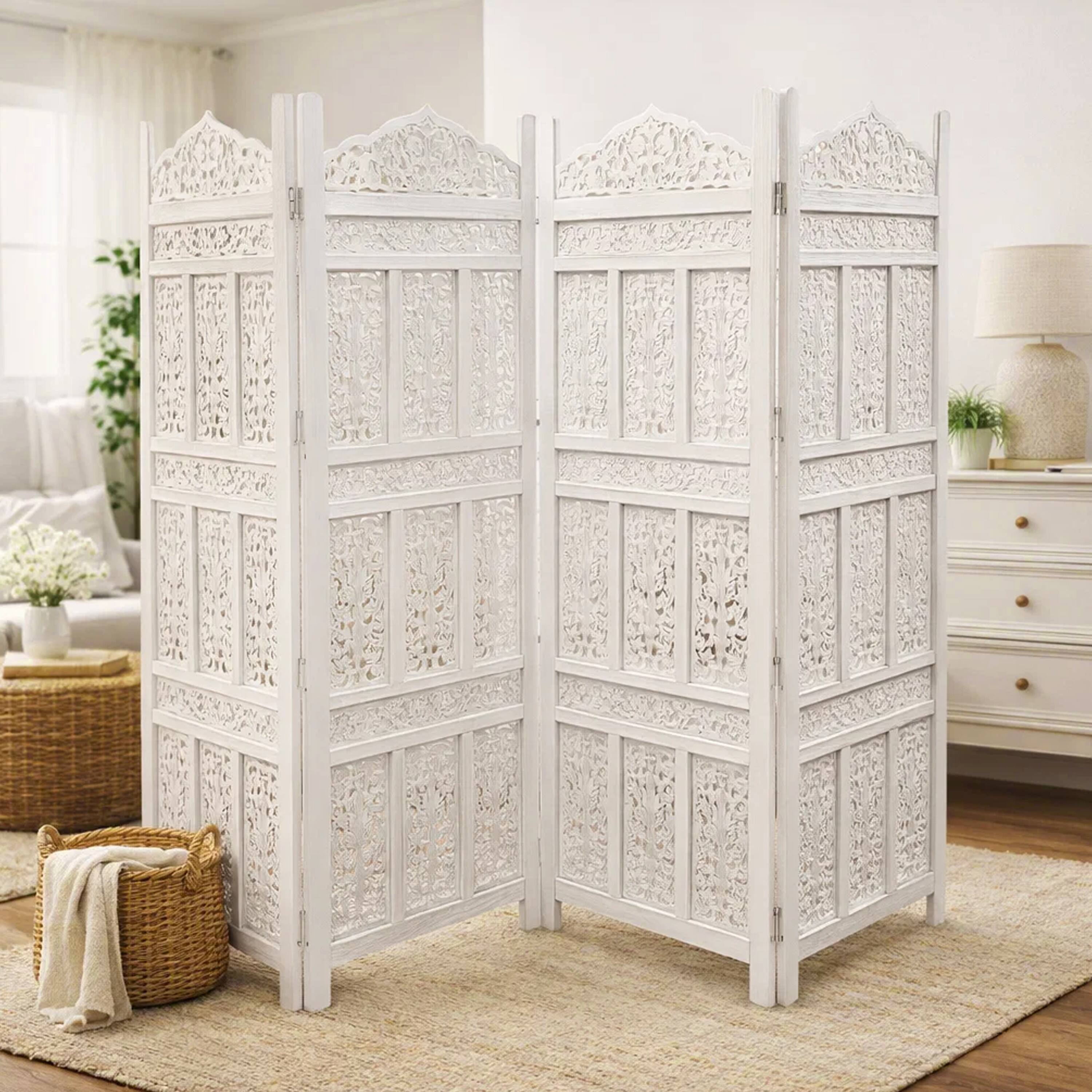 Alt View 7. Manhattan Lane - Aesthetically Carved 4 Panel Wooden Partition Screen/Room Divider - White.