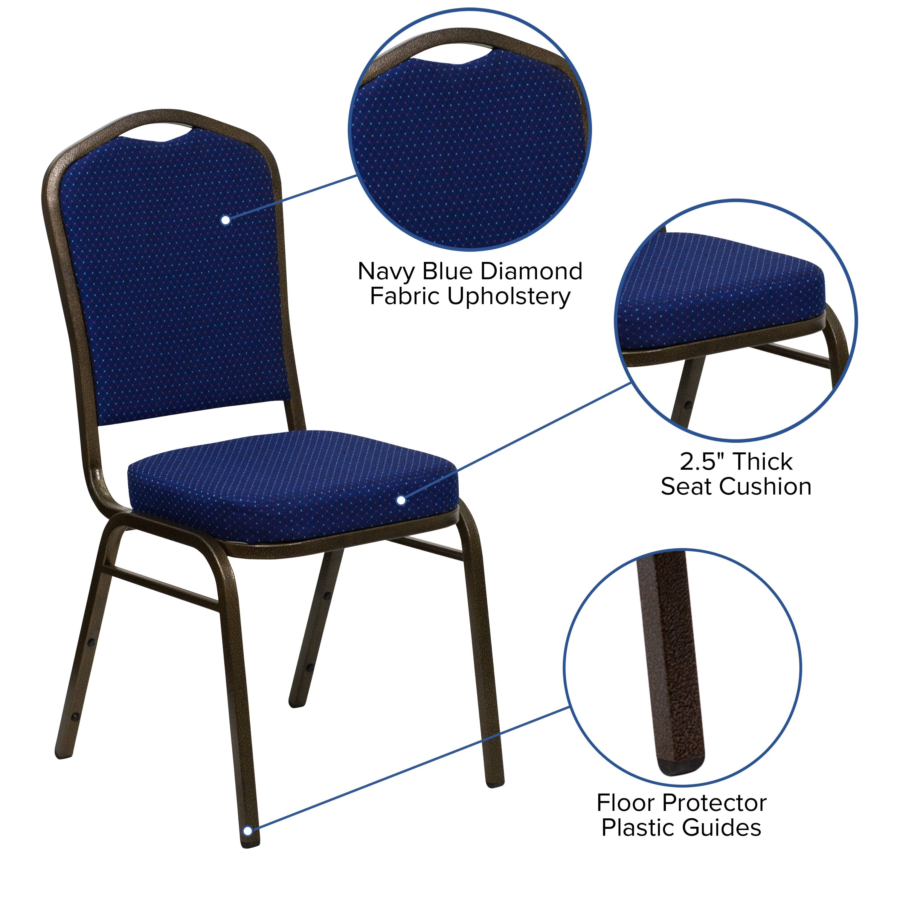 Navy Blue Diamond Fabric Upholstery  
2.5" Thick Seat Cushion  
Floor Protector Plastic Guides