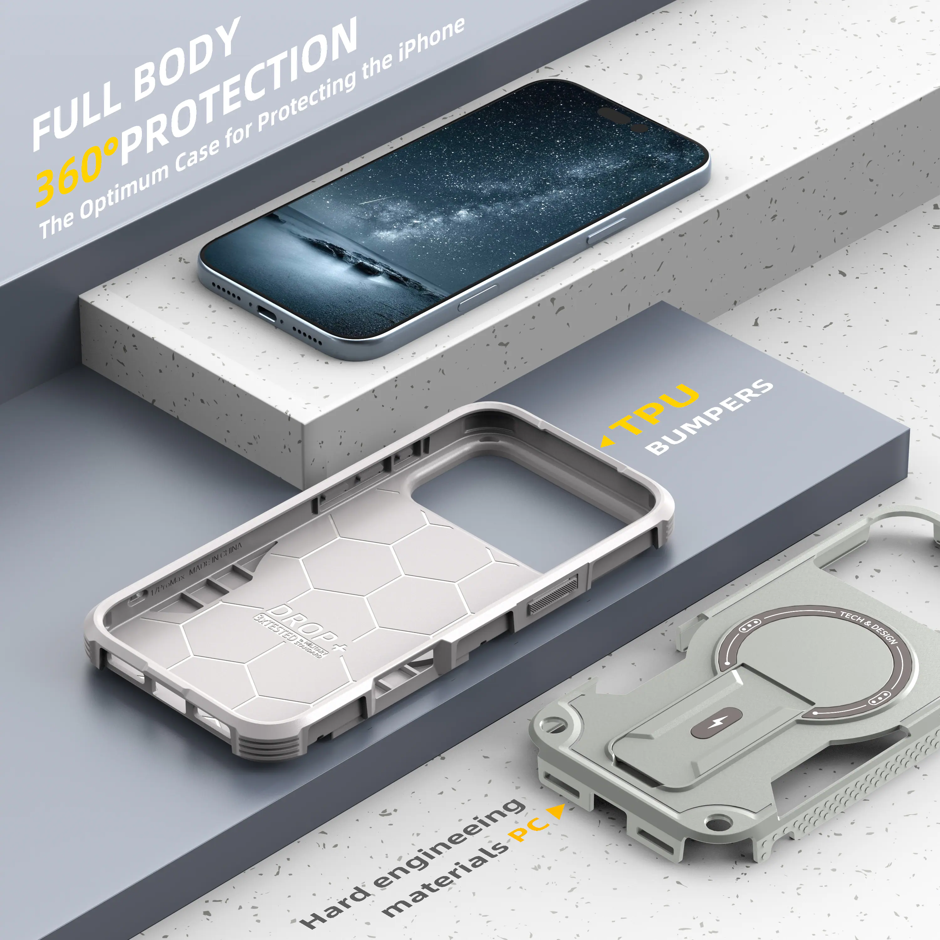 FULL BODY 360° PROTECTION  
The Optimum Case for Protecting the iPhone  

TPU BUMPERS  

Hard engineering materials PC  

TECH DESIGN