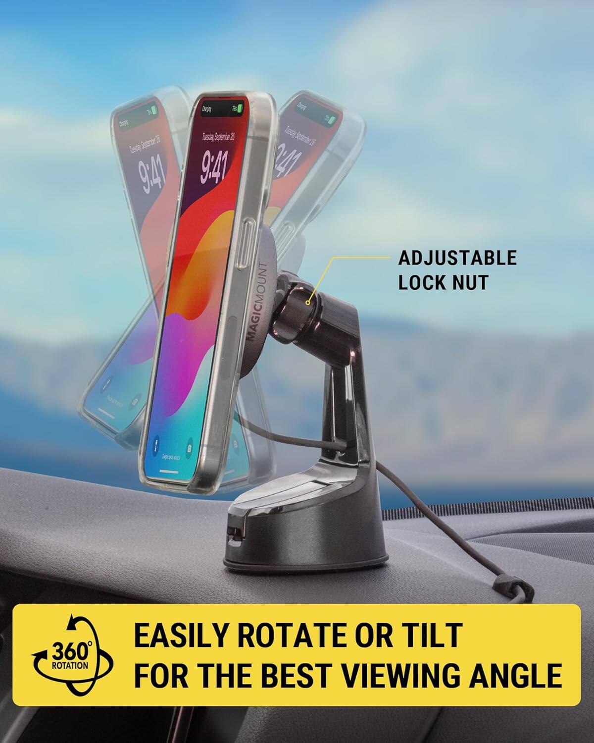 Severie 3 le 9.41  
W Spgerntar 2  
9:41 bt al Saterter25 241  
MAGICMOUNT ADJUSTABLE LOCK NUT  
360 ROTATION  
EASILY ROTATE OR TILT FOR THE BEST VIEWING ANGLE