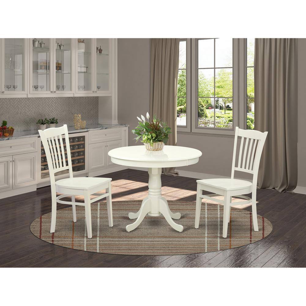 Back. East West Furniture - 3 Pc set with a Table and 2 Wood Dinette Chairs in Linen White. - Linen White.
