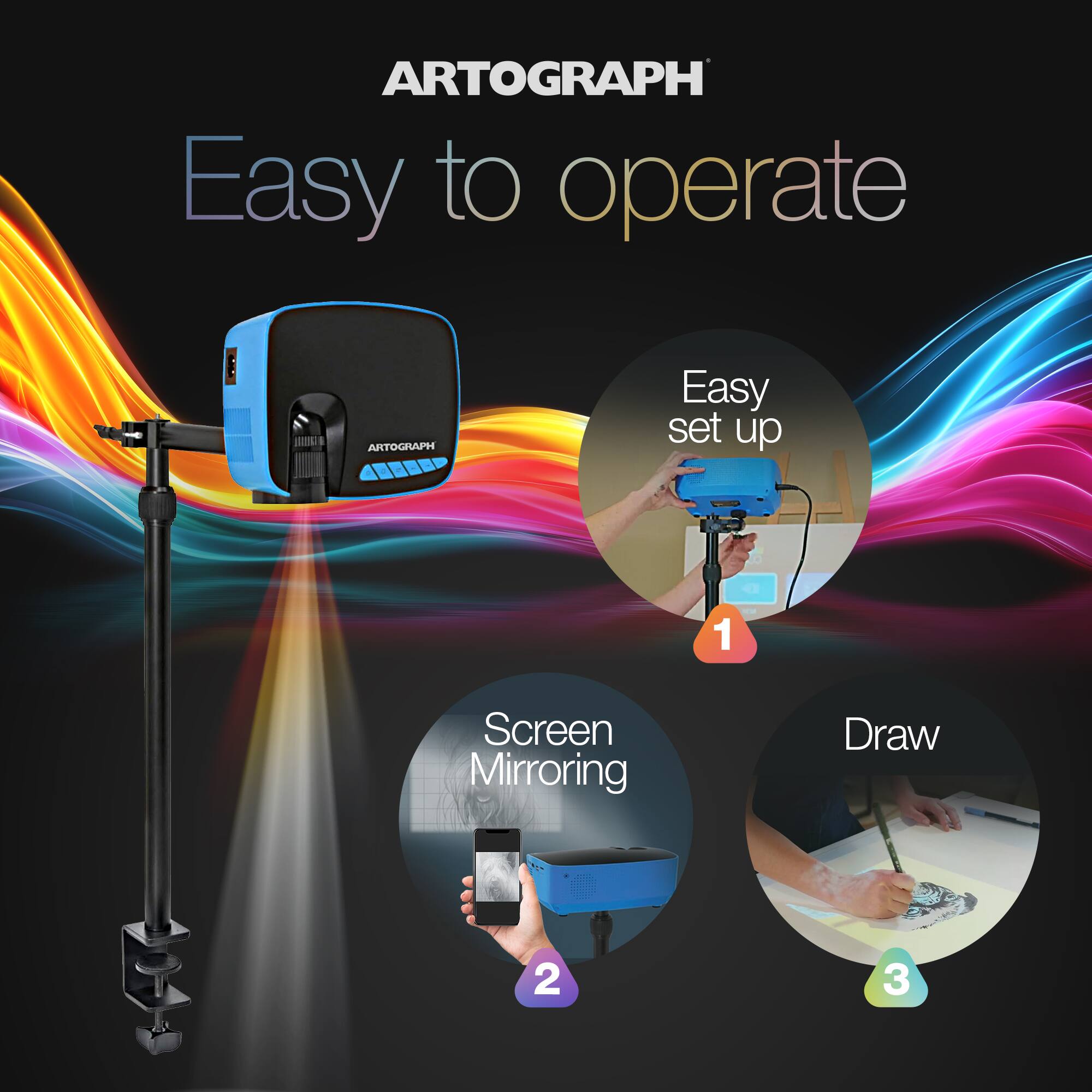 ARTOGRAPH  
Easy to operate

1. Easy set up
2. Screen Mirroring
3. Draw