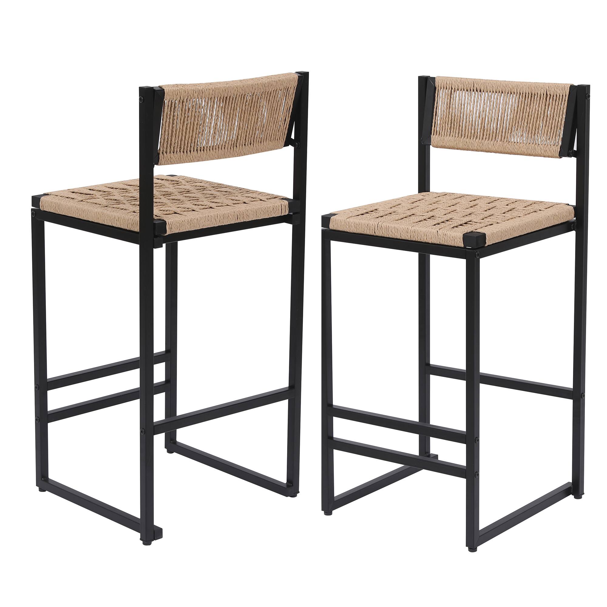 Back. GOODSILO - Set of 2 Woven Bar Stools - Hand Weave Counter Stool with Footrest for Kitchen Island, Dining Room - Honey.