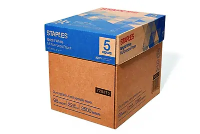 STAPLES
Bright White Multipurpose Paper
5 Reams
100% Recycled
Our brightest, most versatile paper.
96 lb
22 in x 28 in
2500 Sheets
728375