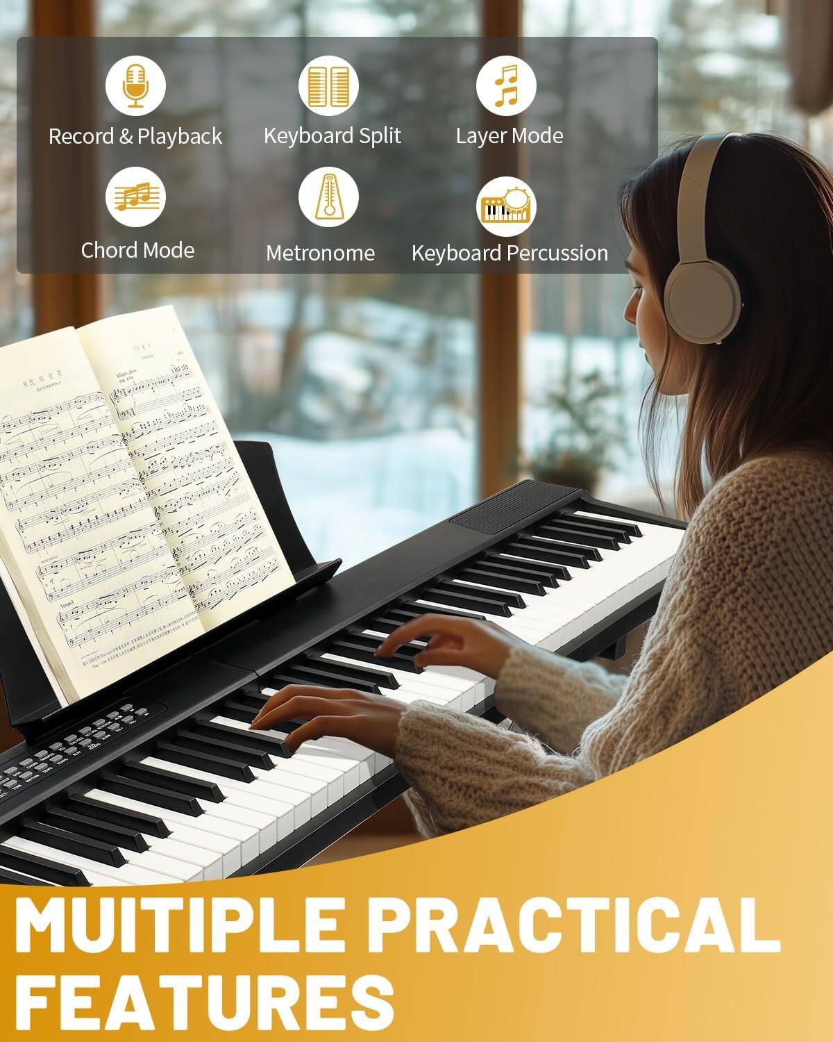Record & Playback  
Keyboard Split  
Layer Mode  
Chord Mode  
Metronome  
Keyboard Percussion  

1  
1 - Multiple Practical Features