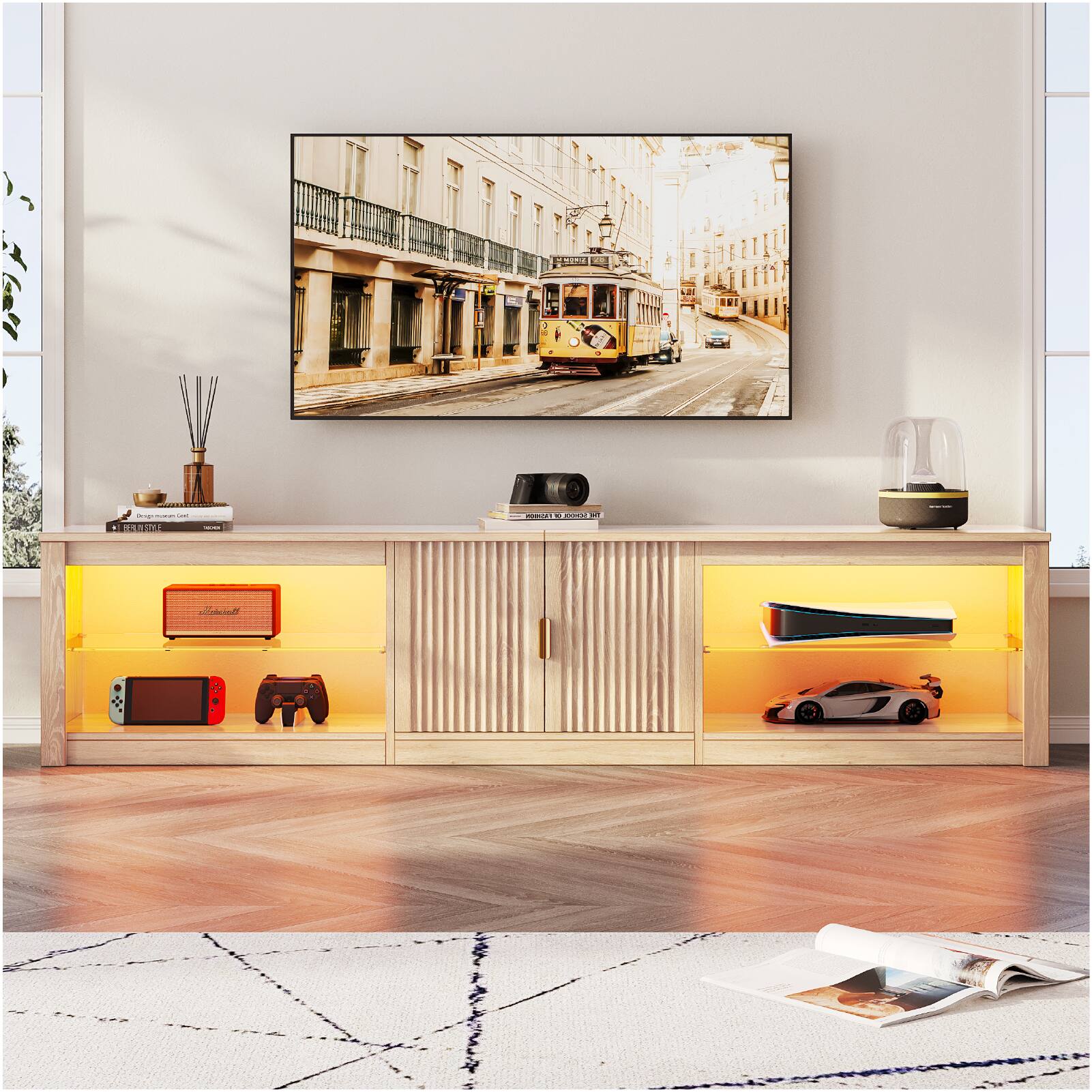 Alt View 1. Bestier - 80-inch TV Stand for 75-90 Inch TVs, LED Lights, Fluted Cabinet & Adjustable Shelves - Natual Oak.