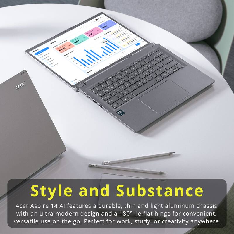 Acer Aspire 14 AI features a durable, thin and light aluminum chassis with an ultra-modern design and a 180° lie-flat hinge for convenient, versatile use on the go. Perfect for work, study, or creativity anywhere.