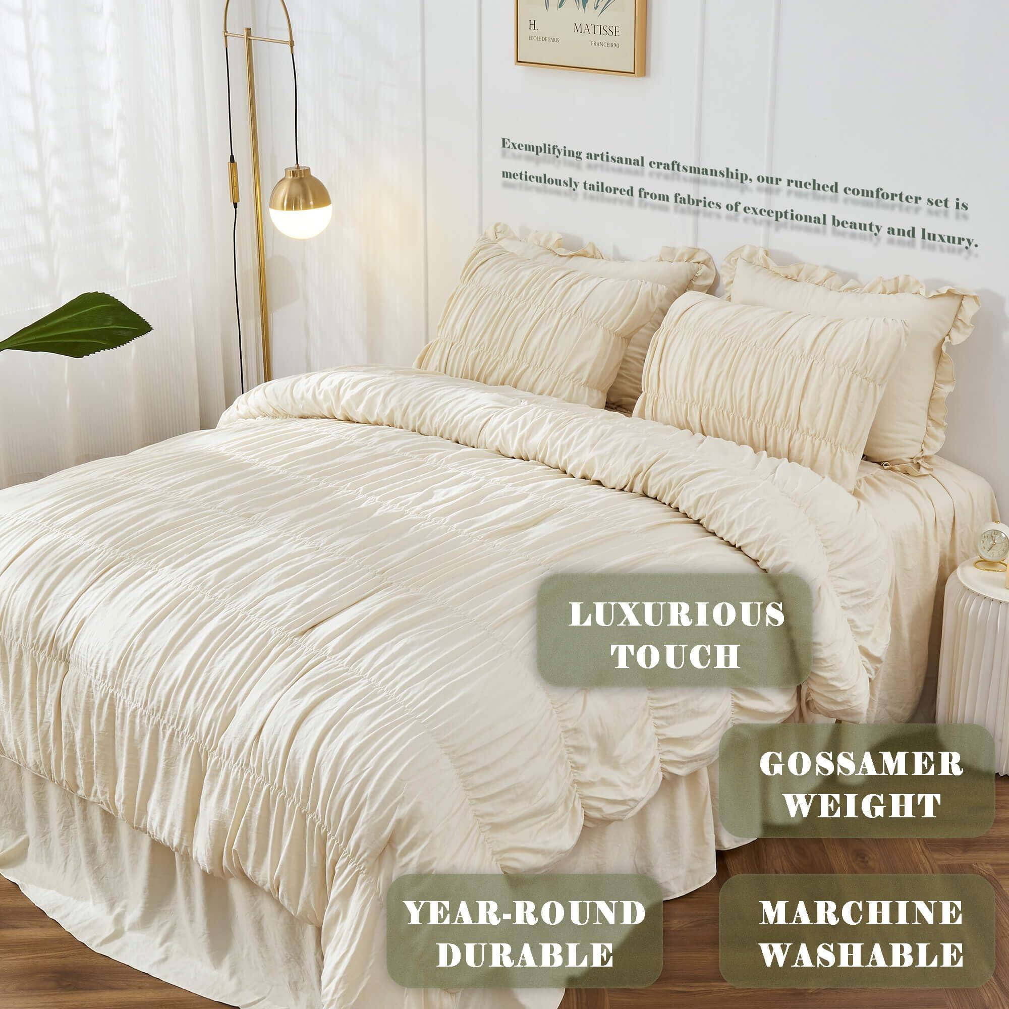 H. MATISSE

Exemplifying artisanal craftsmanship, our ruched comforter set is meticulously tailored from fabrics of exceptional beauty and luxury.

LUXURIOUS TOUCH  
GOSSAMER WEIGHT  
YEAR-ROUND DURABLE  
MACHINE WASHABLE
