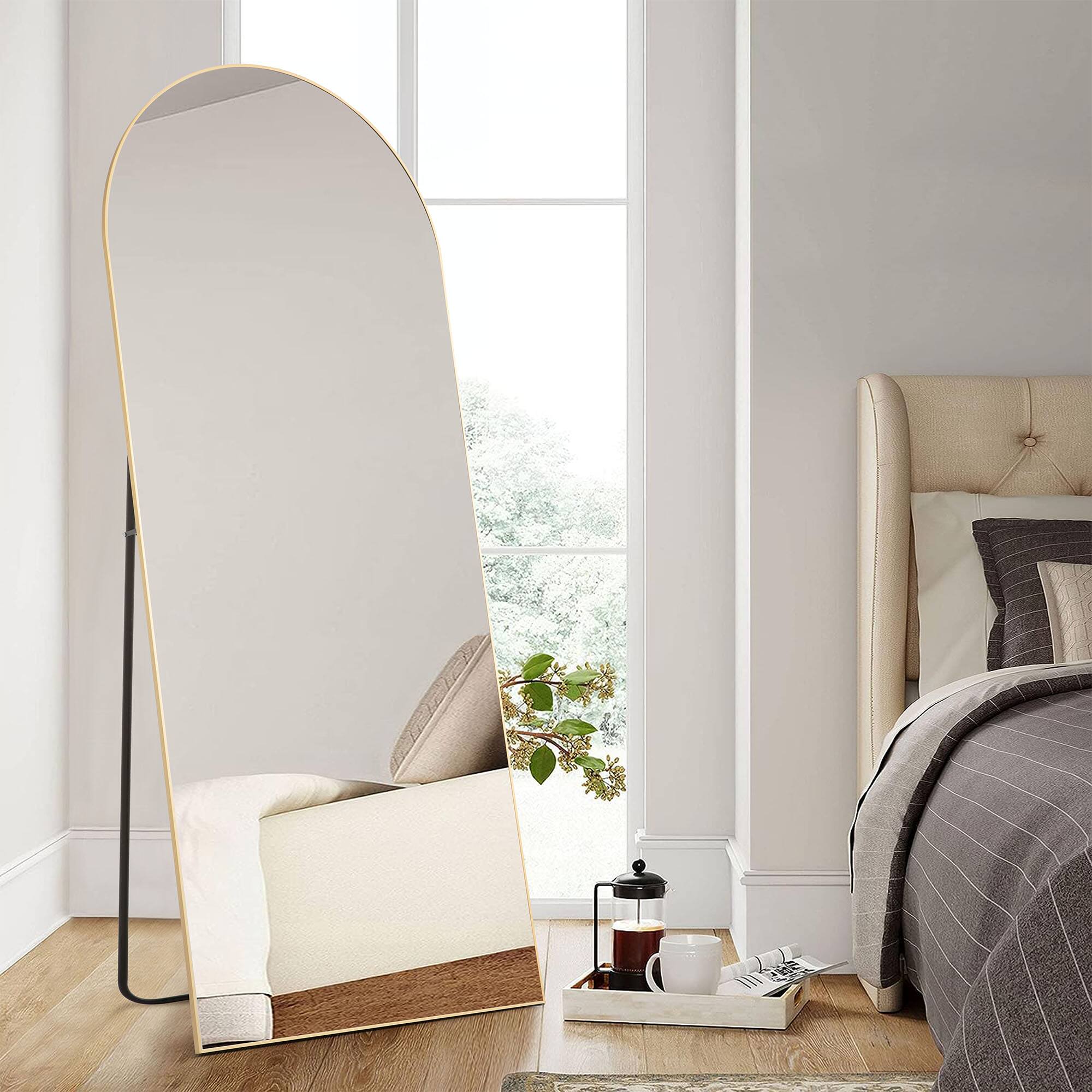 Front. AENKYO - 64"x21" Arched Full Length Mirror, Standing or Leaning Full Body Mirror with Aluminum Alloy Thin Frame - Gold.