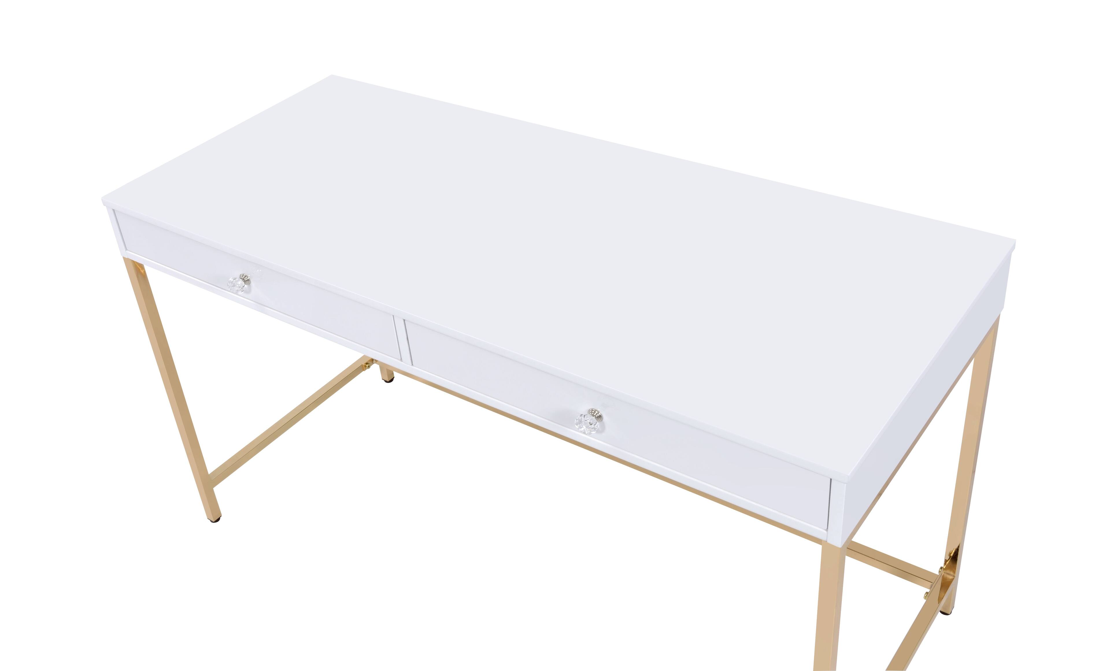 Alt View 3. TinyHomie - Ottey White High Gloss and Gold Finish Writing Desk - White.