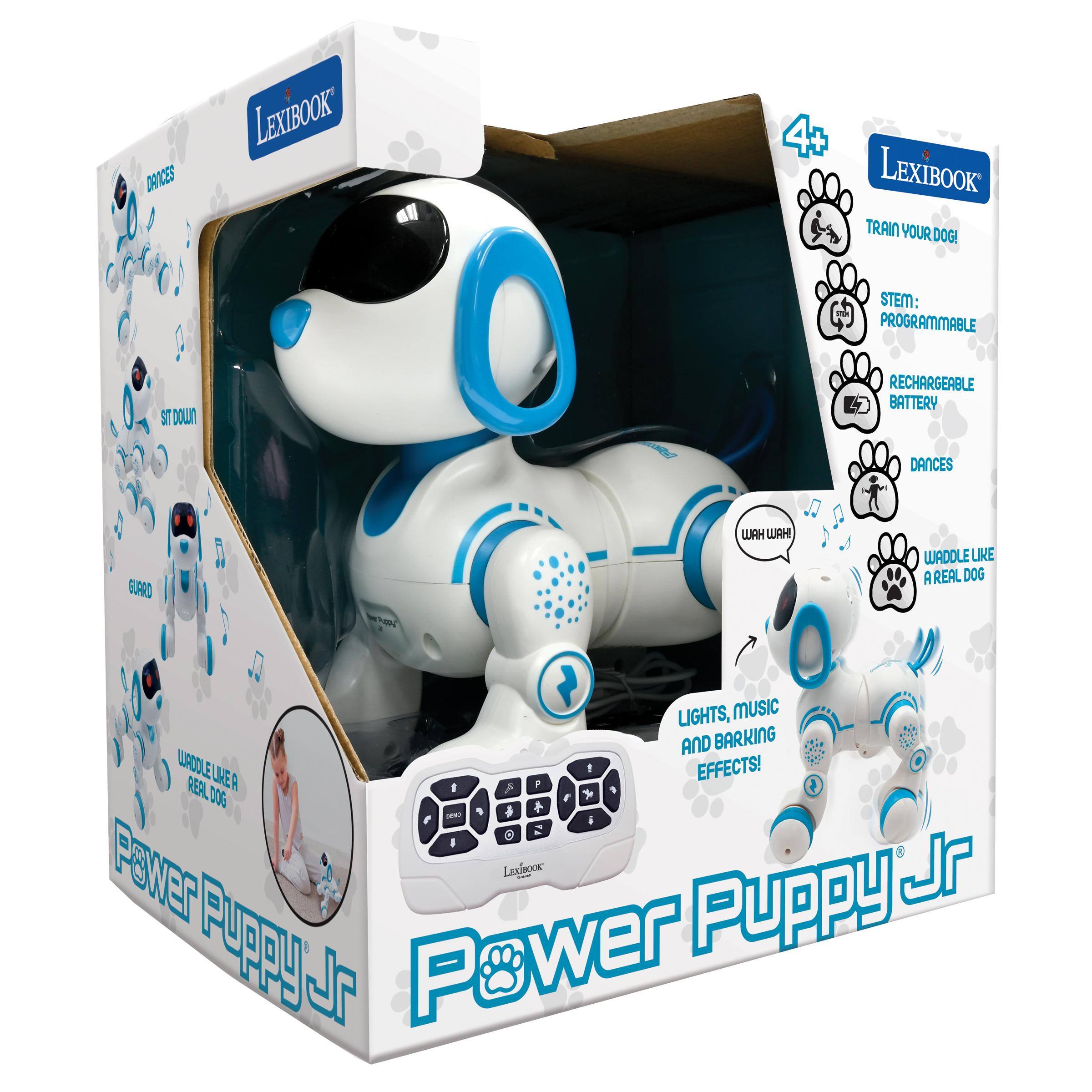 LEXIBOOK DROCES  
4+ LEXIBOOK TRAIN YOUR DOG!  
STEM: PROGRAMMABLE  
SIT DOUITY  
RECHARGEABLE BATTERY  
DANCES  
GUARD  
HAW WAH!  
WADDLE LIKE A REAL DOG  
LIGHTS, MUSIC AND BARKING EFFECTS!  
LEXIBOOK Power Puppy Jr