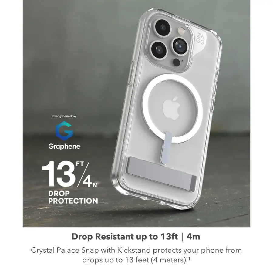 The image features a white iPhone case with a kickstand, which is designed to protect the phone from drops up to 13 feet (4 meters). The case is made of a strong material called G Graphene, which is known for its durability and drop resistance. The kickstand allows the phone to stand upright, making it convenient for hands-free use. The case is advertised as providing drop protection up to 13 feet, ensuring that the phone remains safe and secure in various situations.