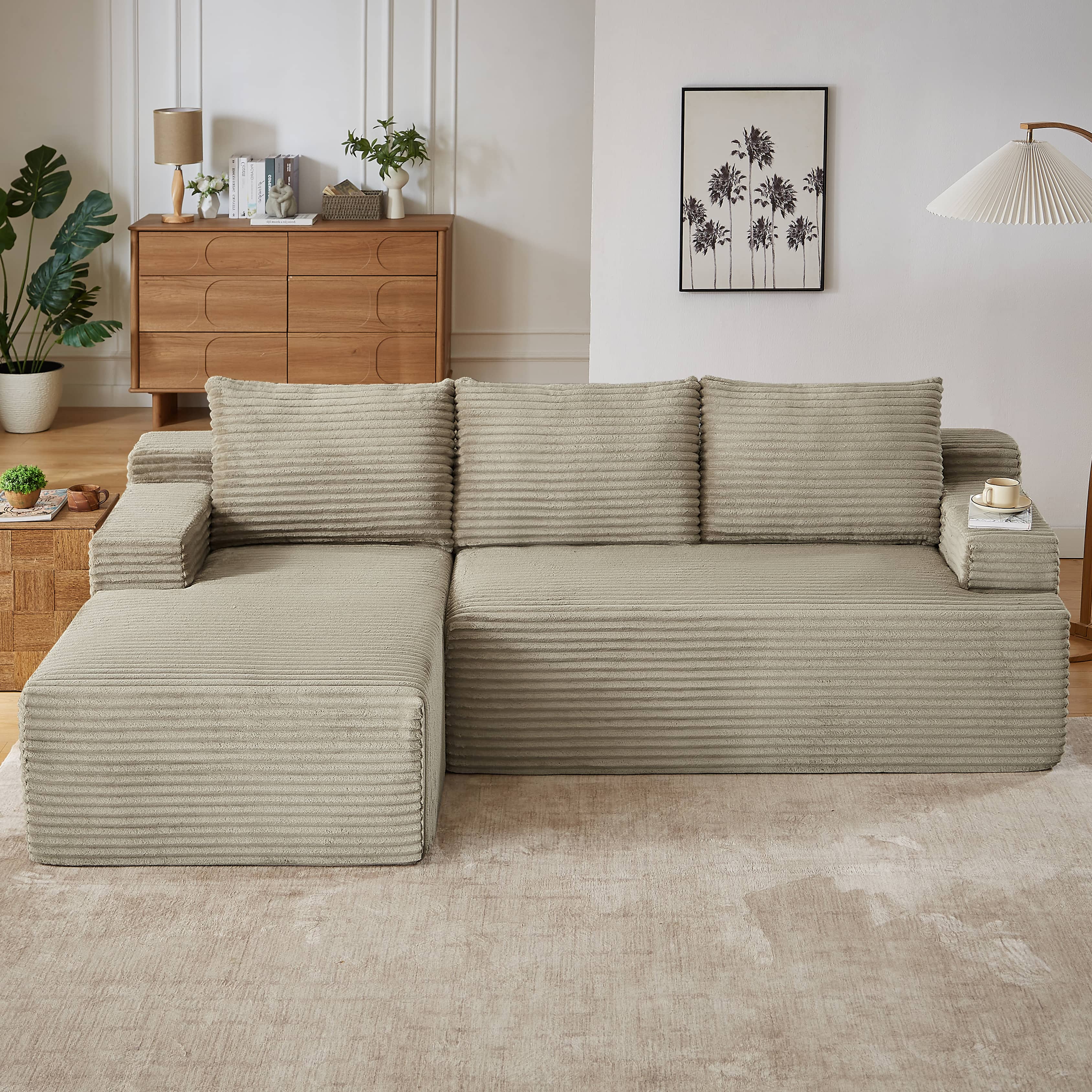 Back. Anysun - Anysun L-Shaped Left-Facing Modular Classic Corduroy Fabric Striped Sectional Sofa with Deep Seat - Camel.