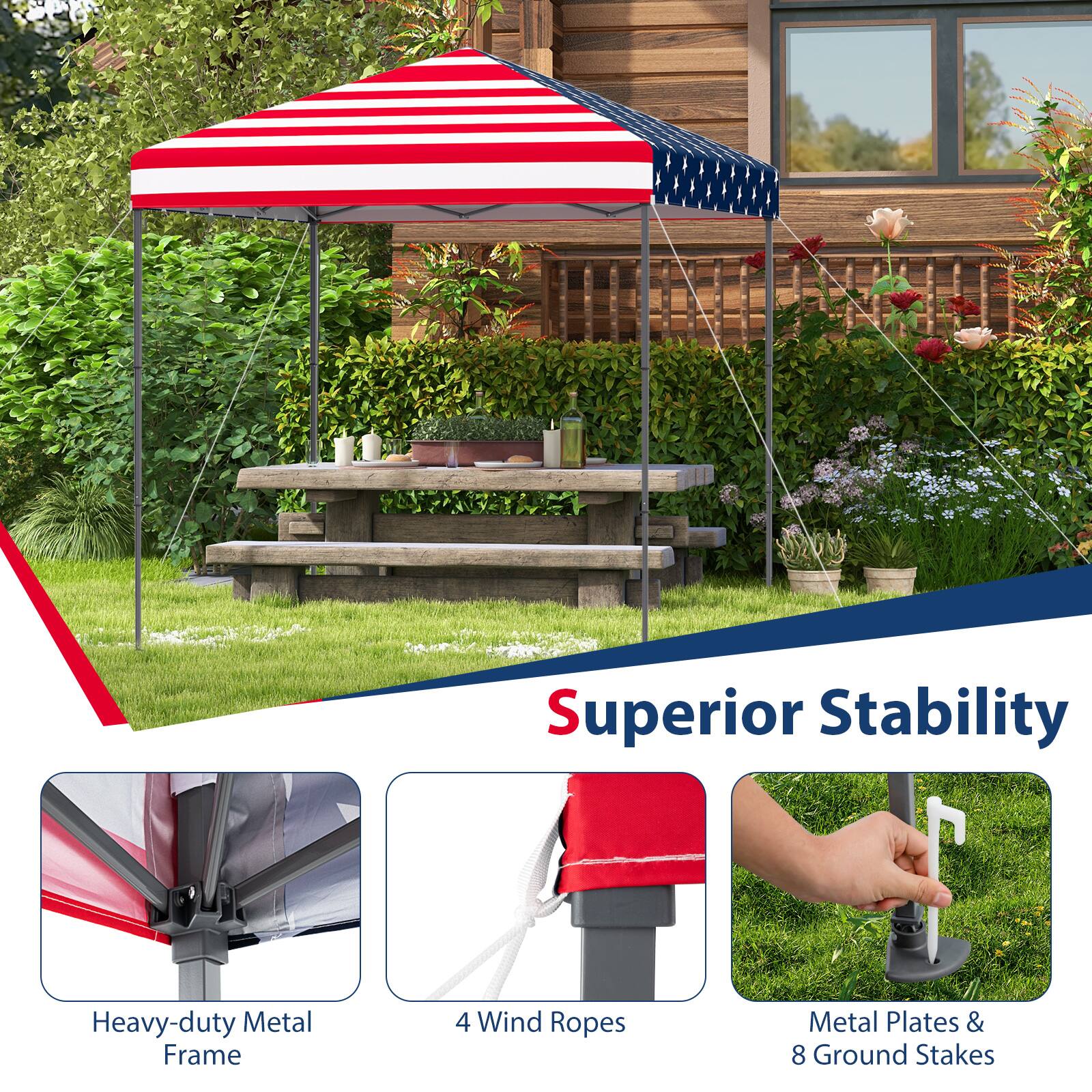 Superior Stability: Heavy-duty Metal Frame, 4 Wind Ropes, Metal Plates & 8 Ground Stakes.