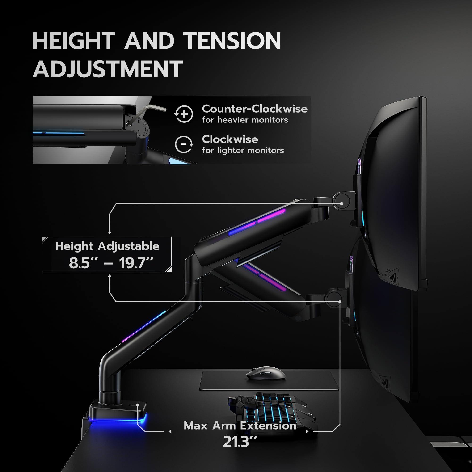 **HEIGHT AND TENSION ADJUSTMENT**

- Counter-Clockwise for heavier monitors
- Clockwise for lighter monitors

**Height Adjustable 8.5" – 19.7"**

**Max Arm Extension 21.3"**