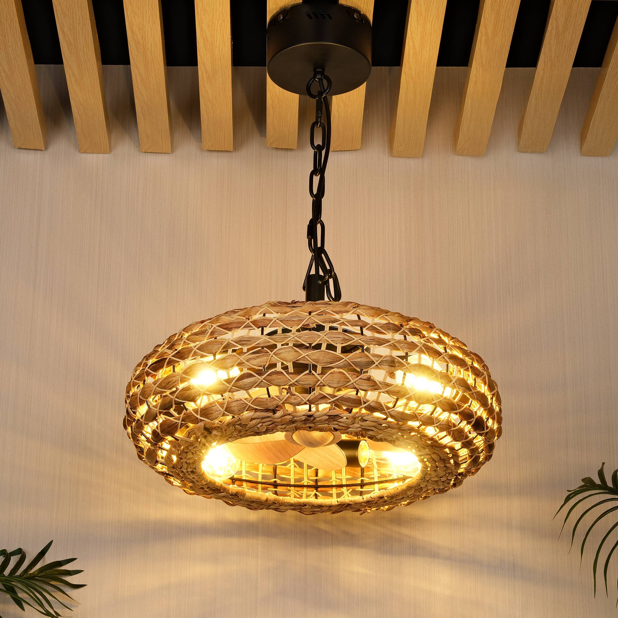 Back. JAZAVA - 20 in. Indoor Rattan 100-240 V Low Profile Farmhouse Rattan Cage Ceiling Fan with Light - Bronw.