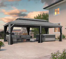 PURPLE LEAF - Light Gray Aluminum Power-Coated Frame Galvanized Steel Double Roof Hardtop Gazebo,Hooks Netting Curtain - 14' X 24'