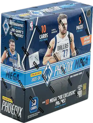 Look for 5 autographs from some of the game's top players! 10 cards per pack. 5 packs per box. 2023-24 Panini Phoenix Mega NBA Trading Cards. Find 10 Mega Prisms! 30 cards per box. No purchase necessary. See pack for details.