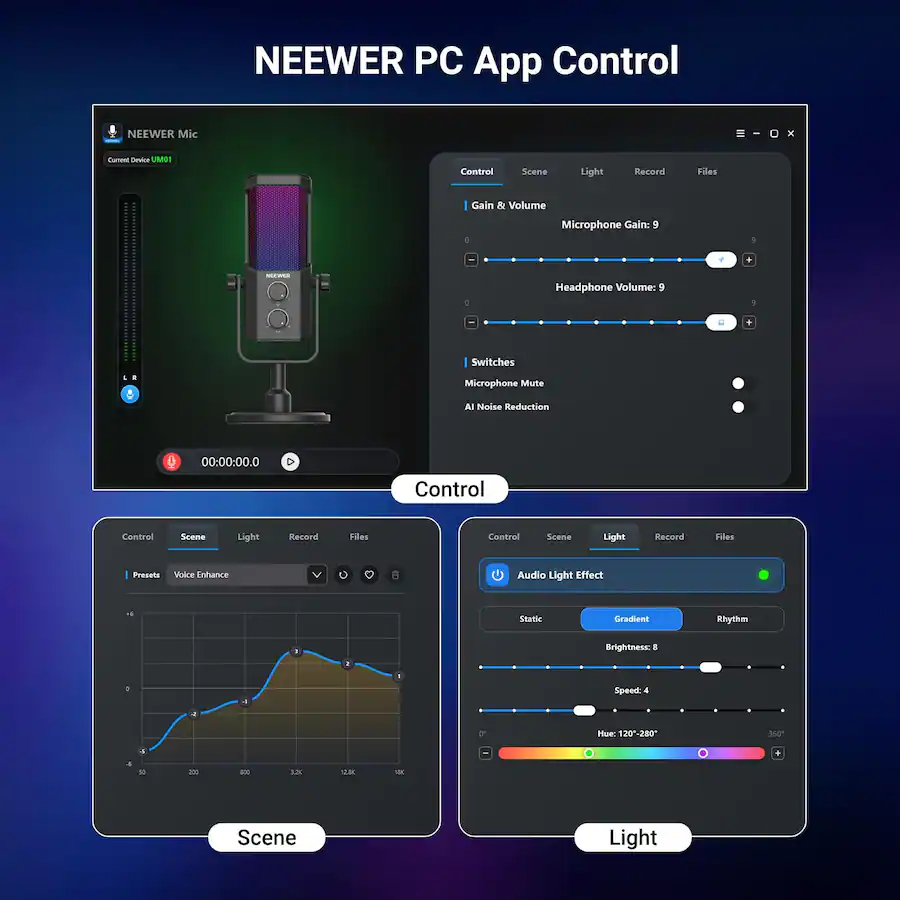 Usb Device Control Video Neewer UM01 AI Noise Canceling USB RGB Podcasting Mic, Silver, Plug ...
