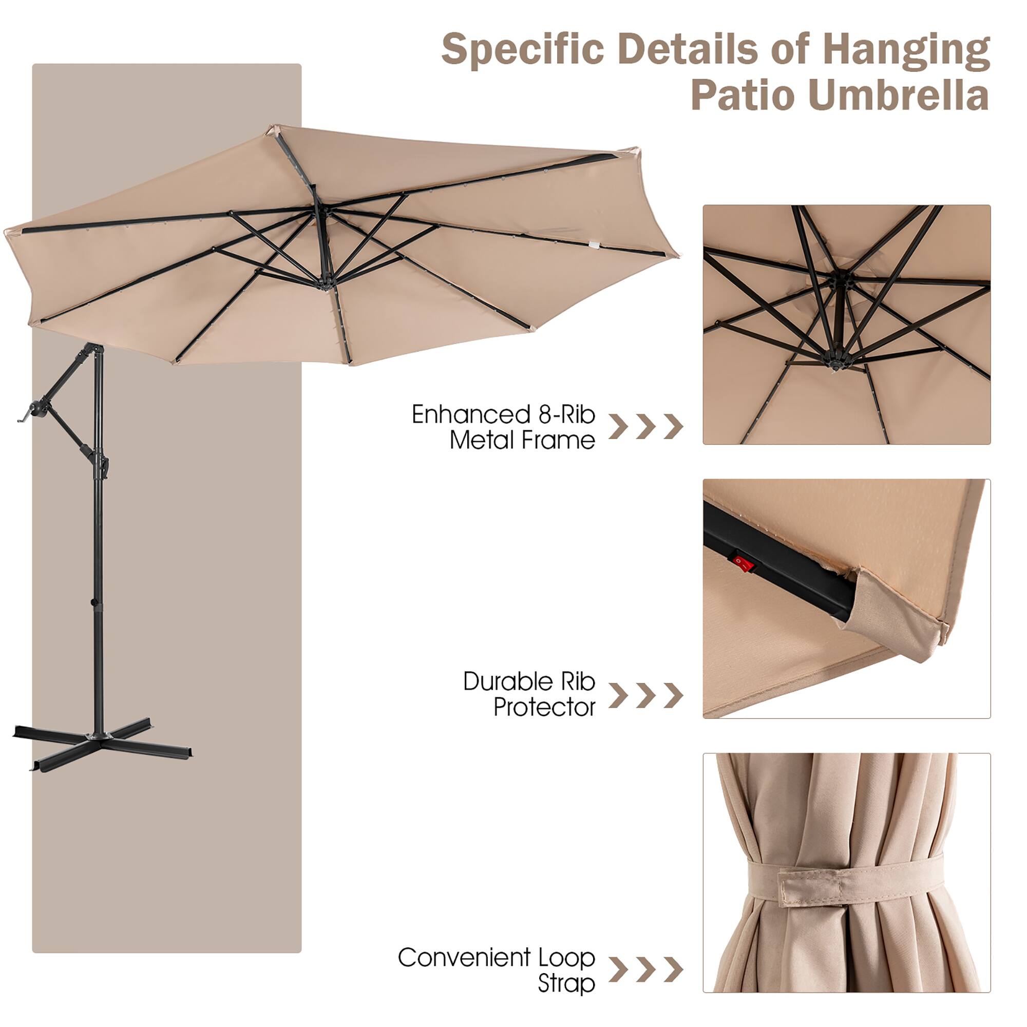 Specific Details of Hanging Patio Umbrella Enhanced 8-Rib Metal Frame: Durable Rib Protector, Convenient Loop, Strap