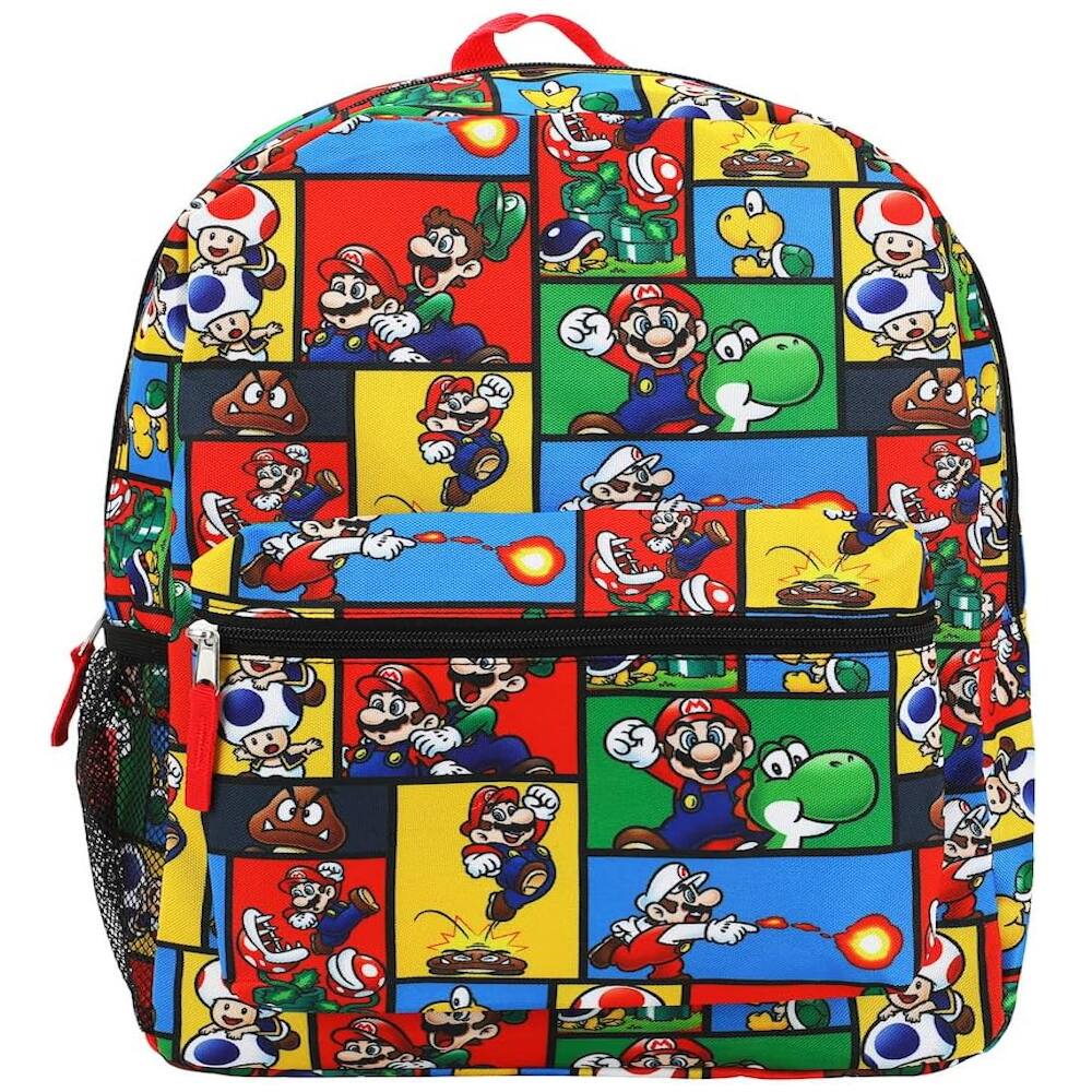 Bioworld - Super Mario 16" Kids Backpack with Colorful Cartoon School Bag with Front Pocket & Side Mesh - Assorted Pre-Pack