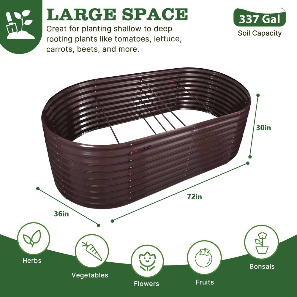 LARGE SPACE  
Great for planting shallow to deep rooting plants like tomatoes, lettuce, carrots, beets, and more.  

337 Gal Soil Capacity  

30in  
72in  
36in  

Herbs  
Vegetables  
Flowers  
Fruits  
Bonsais