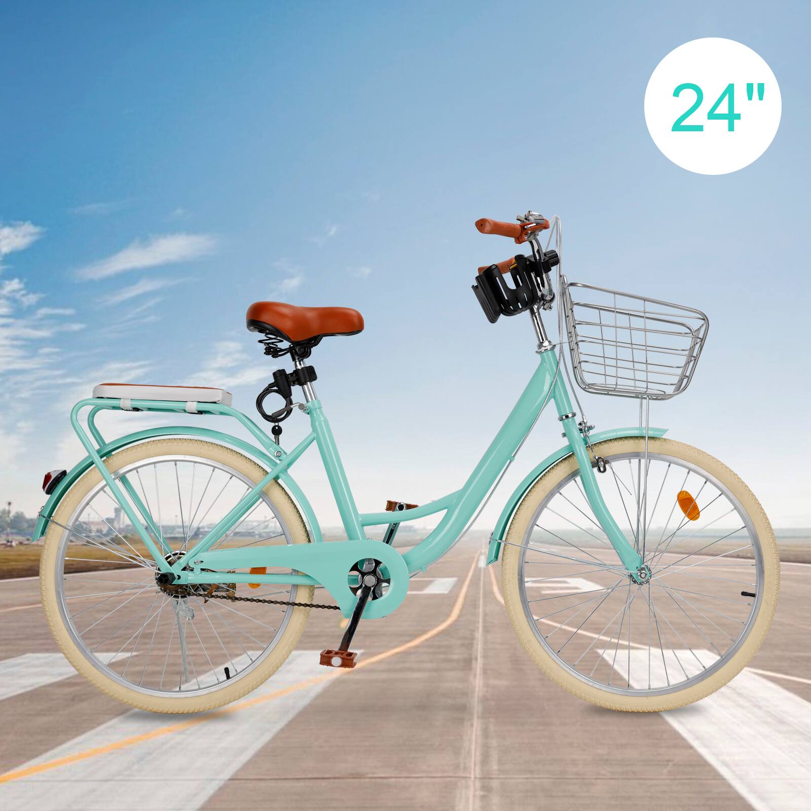 Alt View 5. Topteng - 24" Beach Cruiser Bike for Men/Women with Cup Holder, High Carbon Steel Frame, Dual Brakes, Rear Rack and Basket, Green - Green.