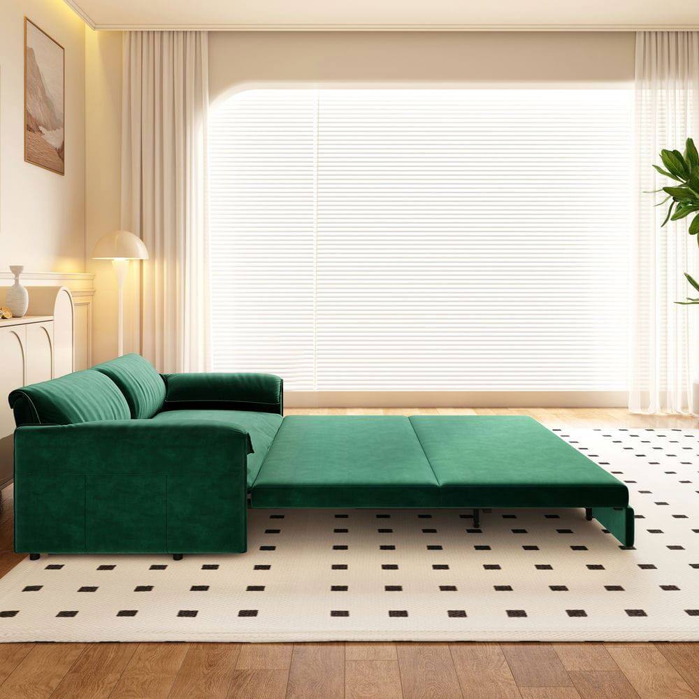 Alt View 1. Kadyn - 66" Queen Pull Out Sofa Bed, 3-in-1 Convertible Sleeper with Side Storage, Velvet Loveseat - Green.