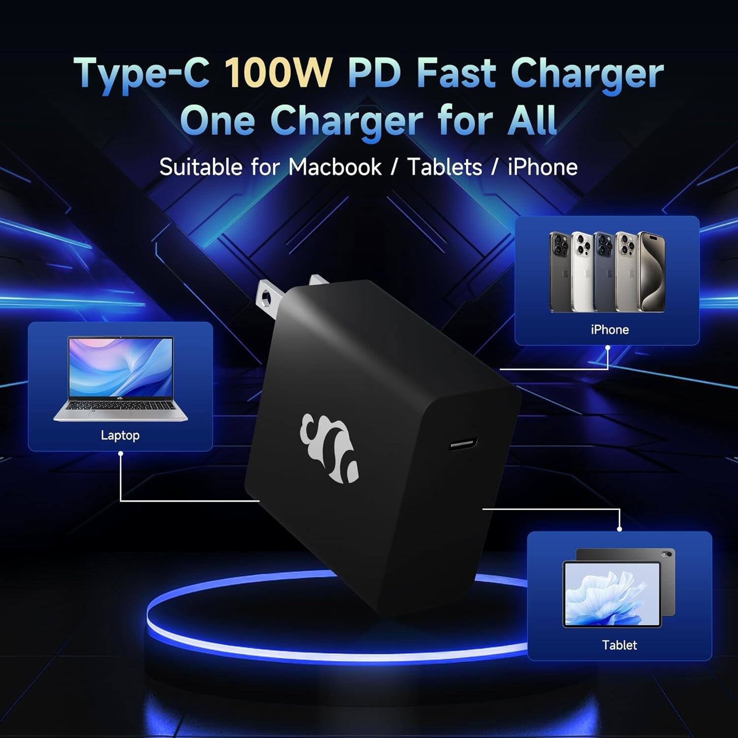 Type-C 100W PD Fast Charger  
One Charger for All  

Suitable for Macbook / Tablets / iPhone  

Laptop  
Tablet  
iPhone