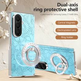 Dteck - Shockproof Leather Texture Case for Samsung Galaxy Z Fold8 Ultra with Ring Stand, Magnetic Rigid Plastic Hinge Cover - Blue