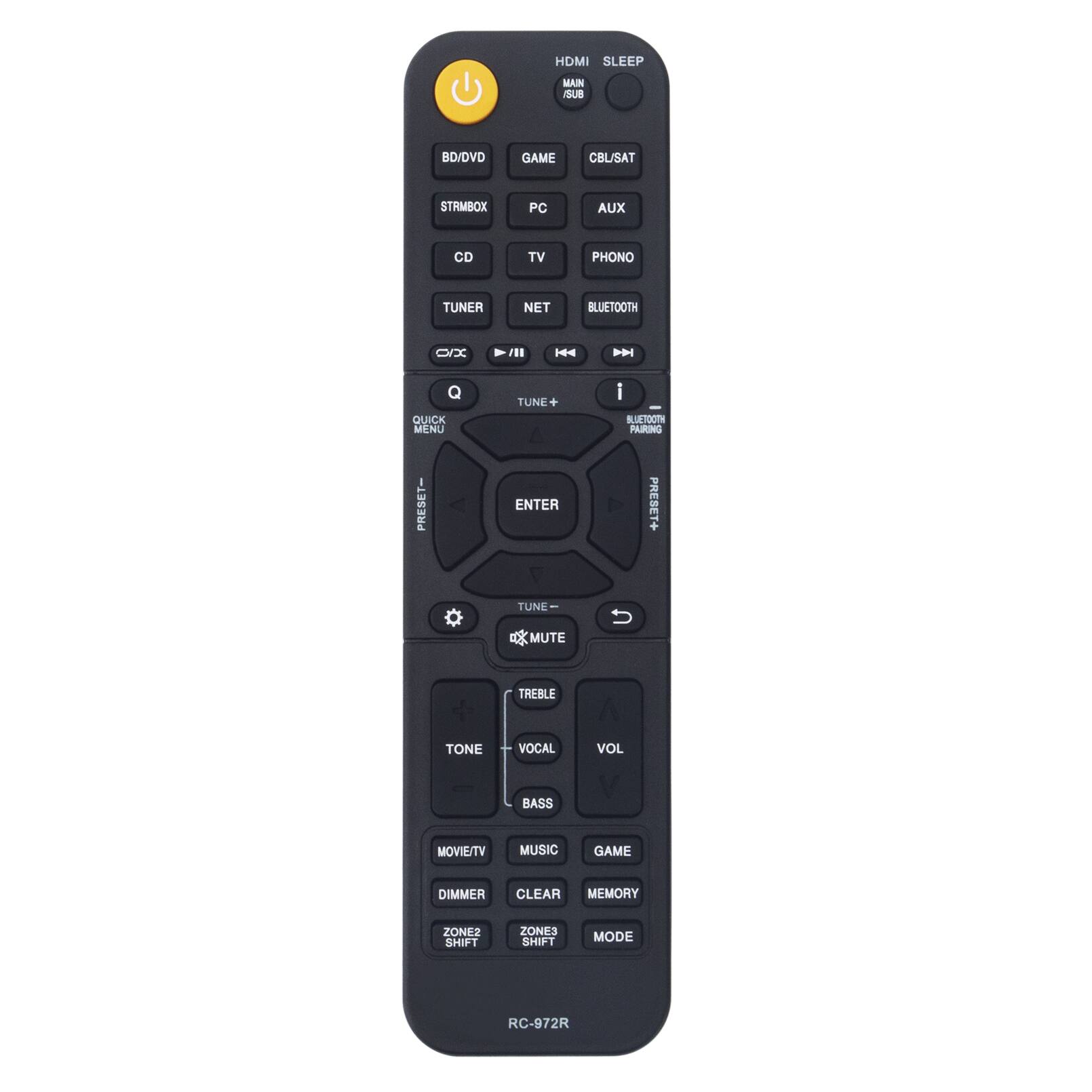 HDMI SLEEP MAIN SUB BD/DVD GAME CBU/SAT STAMBOX PC AUX GD TV PHONO TUNER NET BLUETOOTH OX /1 H - QUICK MENU TUNE + i BUETOOTH PAURING PRESET- ENTER PRESET+ TUNE MUTE TREBLE TONE VOCAL VOL BASS MOVIE/TV MUSIC GAME DIMMER CLEAR MEMORY ZONE2 SHIFT ZONE3 SHIFT MODE RC-972R