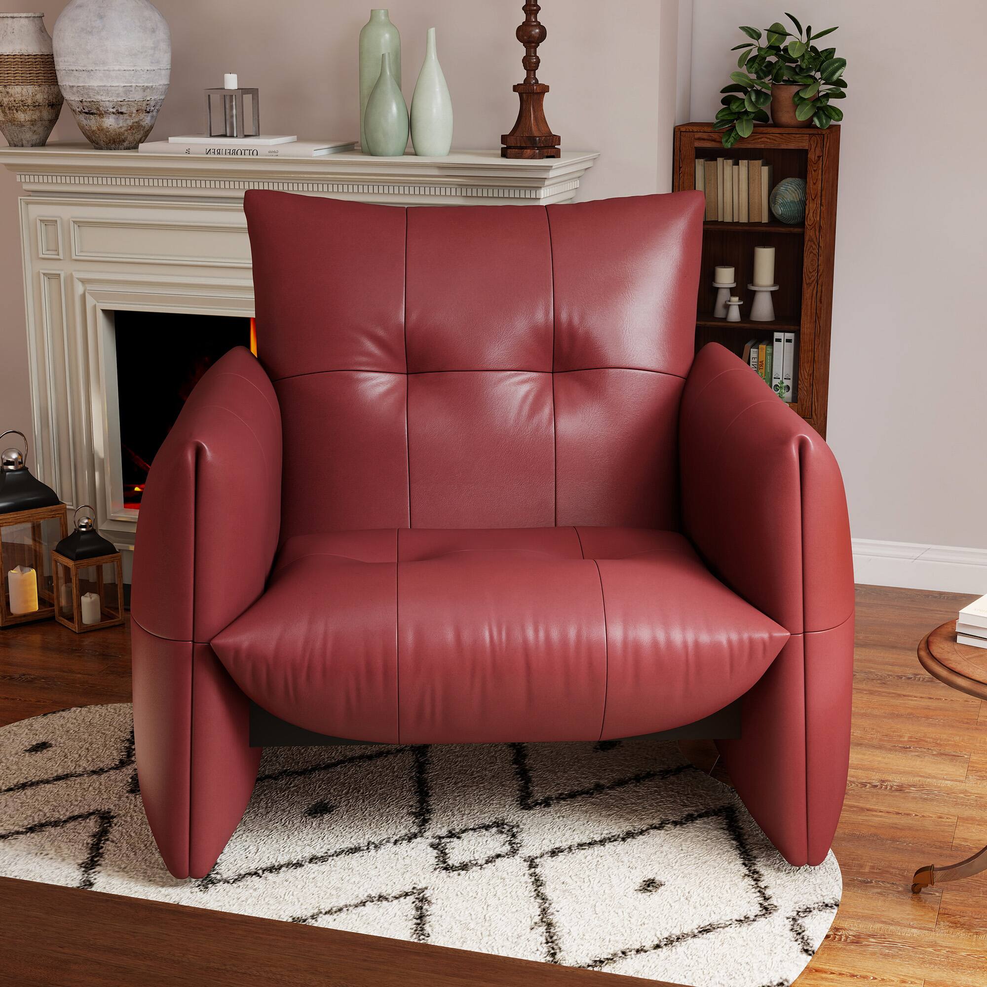 Left. luck idea - Modern 34.64" Lounge Accent Chair Sofa, Faux Leather Upholstered Armchair with Thick Cushion & Solid Wood Frame - Wine Red.