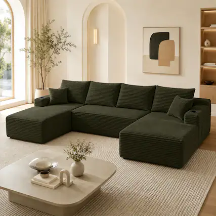 Front. Anysun - 134" Modern Modular Design U-Shape Cloud Sectional Sofa with Side Pockets & Cup Holders, Deep Seating - Green.