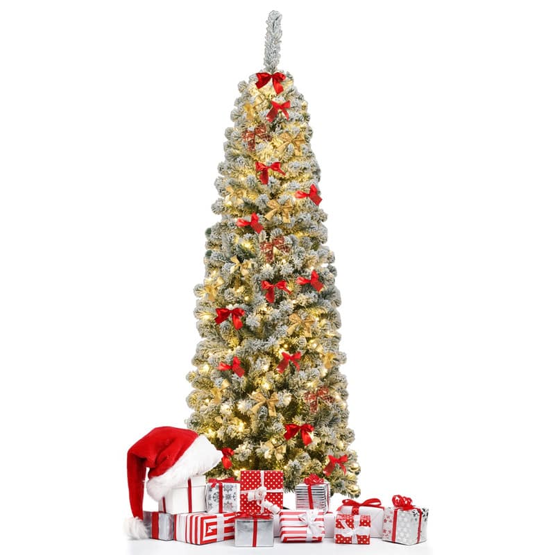 WELLFOR - 6ft Prelit Snow Flocked Artificial Pencil Christmas Tree with Warm White Lights, 500 Full Branch Tips - Green
