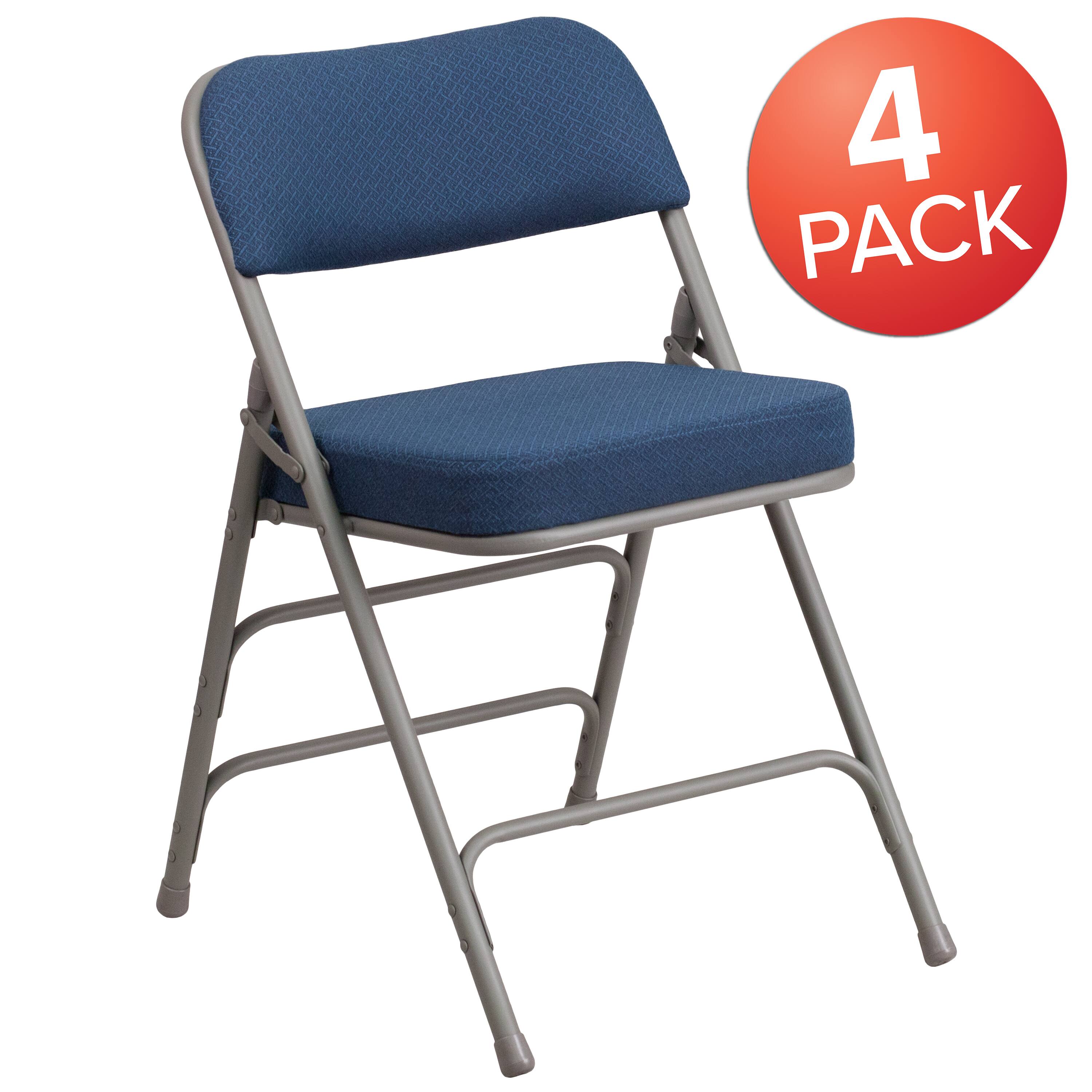 Alt View 1. Emma + Oliver - 4 Pack Premium Curved Triple Braced & Hinged Fabric Upholstered Metal Folding Chair - Navy.