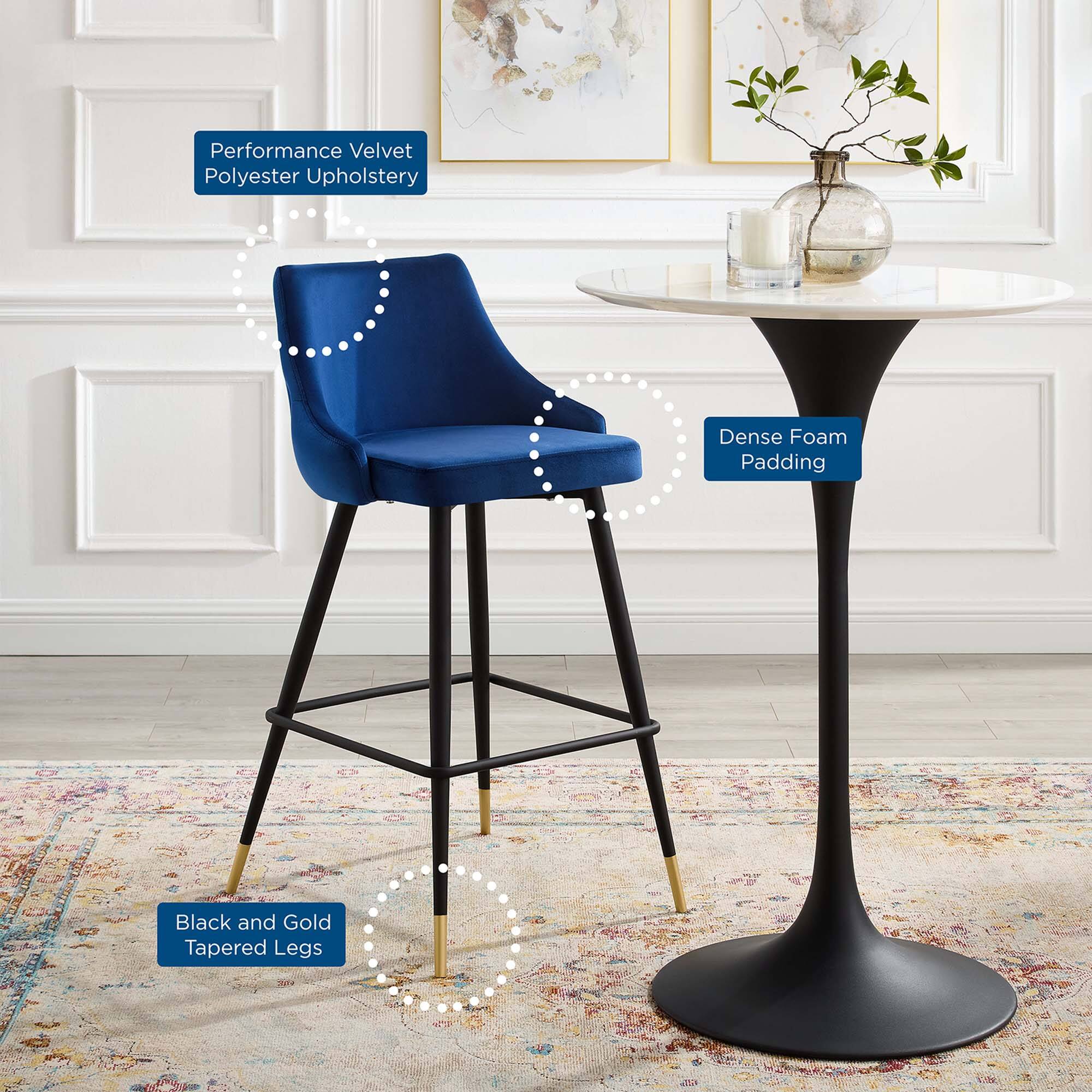 Performance Velvet Polyester Upholstery  
Dense Foam Padding  
Black and Gold Tapered Legs