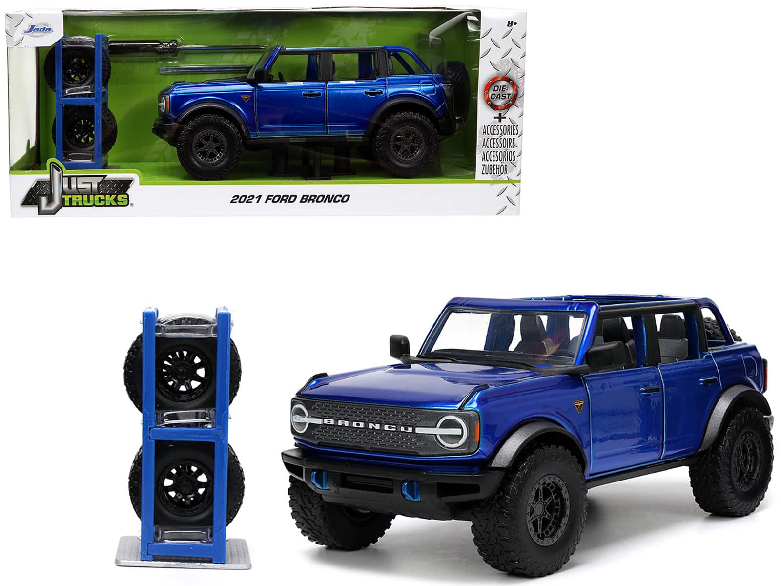 "2021 Ford Bronco Open-Top Candy Blue Metallic with Extra Wheels ""Just Trucks"" Series 1/24 Diecast Model Car by Jada" price history on PriceWatchPro