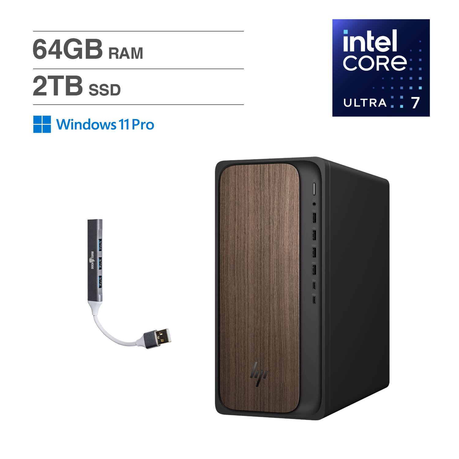 HP - OmniDesk Desktop (Intel Ultra 7-265, 64GB DDR5, 2TB PCIe SSD, Intel Graphics, Win 11 Pro) w/USB Hub - Dark Wood