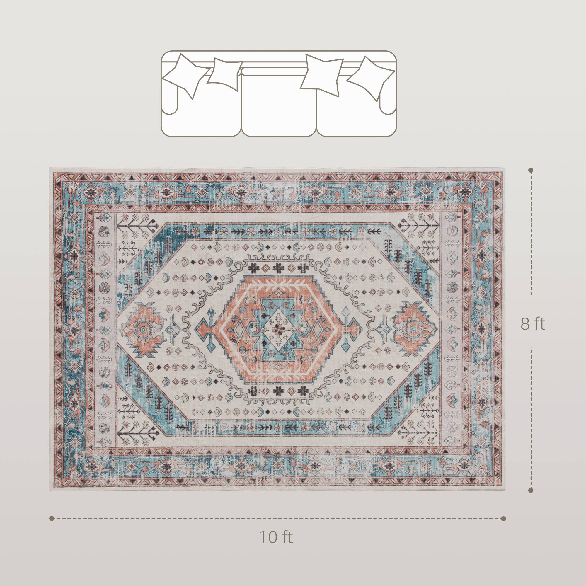 Alt View 3. Homcom - HOMCOM 8x10 Distress Rug: Vintage Mach-Wash Non-Slip Carpet Blue, Indoor Boho Area High Traffic - Brown and Blue.