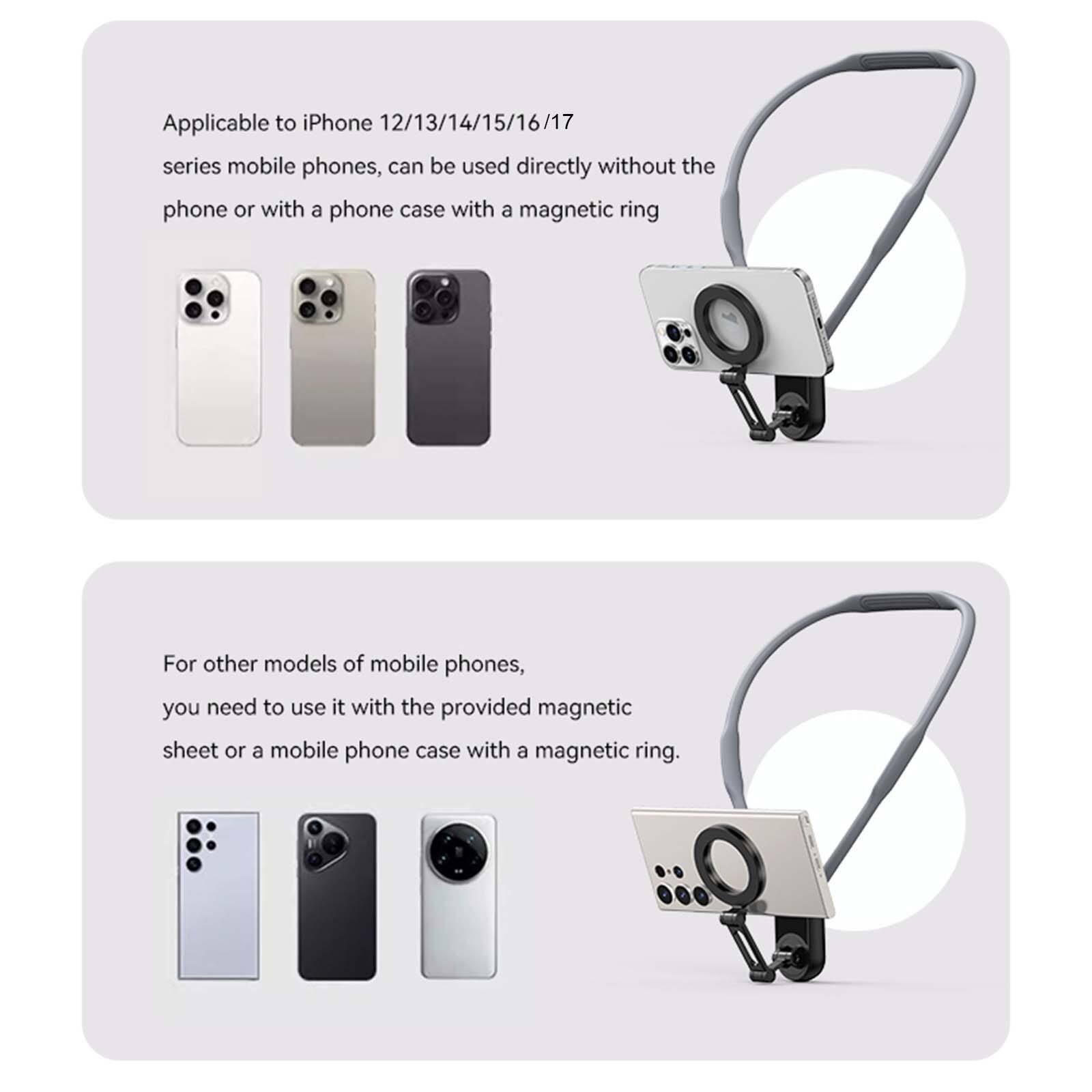 Applicable to iPhone 12/13/14/15/16/17 series mobile phones, can be used directly without the phone or with a phone case with a magnetic ring.

For other models of mobile phones, you need to use it with the provided magnetic sheet or a mobile phone case with a magnetic ring.