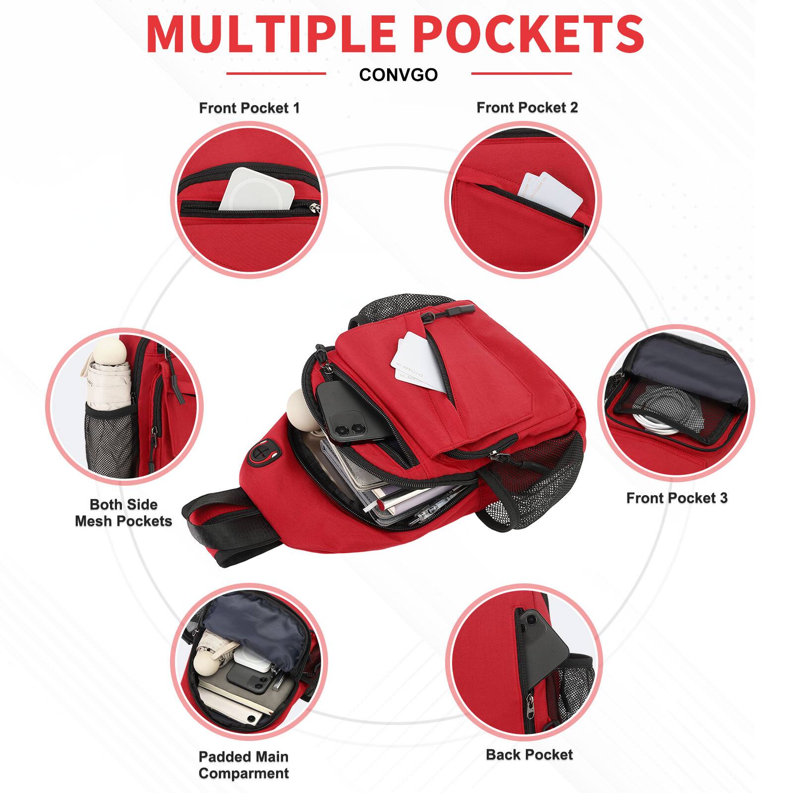 MULTIPLE POCKETS  
CONVGO  

- Front Pocket 1  
- Front Pocket 2  
- Both Side Mesh Pockets  
- Front Pocket 3  
- Padded Main Compartment  
- Back Pocket