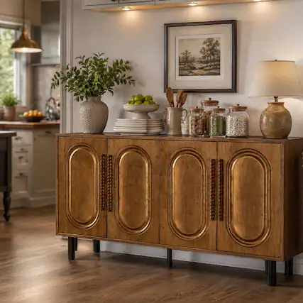 Front. RYHNUYNE - Freestanding 59.84 Inch Gold-Toned 4-Door Sideboard Buffet Cabinet with Arched Door Storage, Console Table - Antique Gold.
