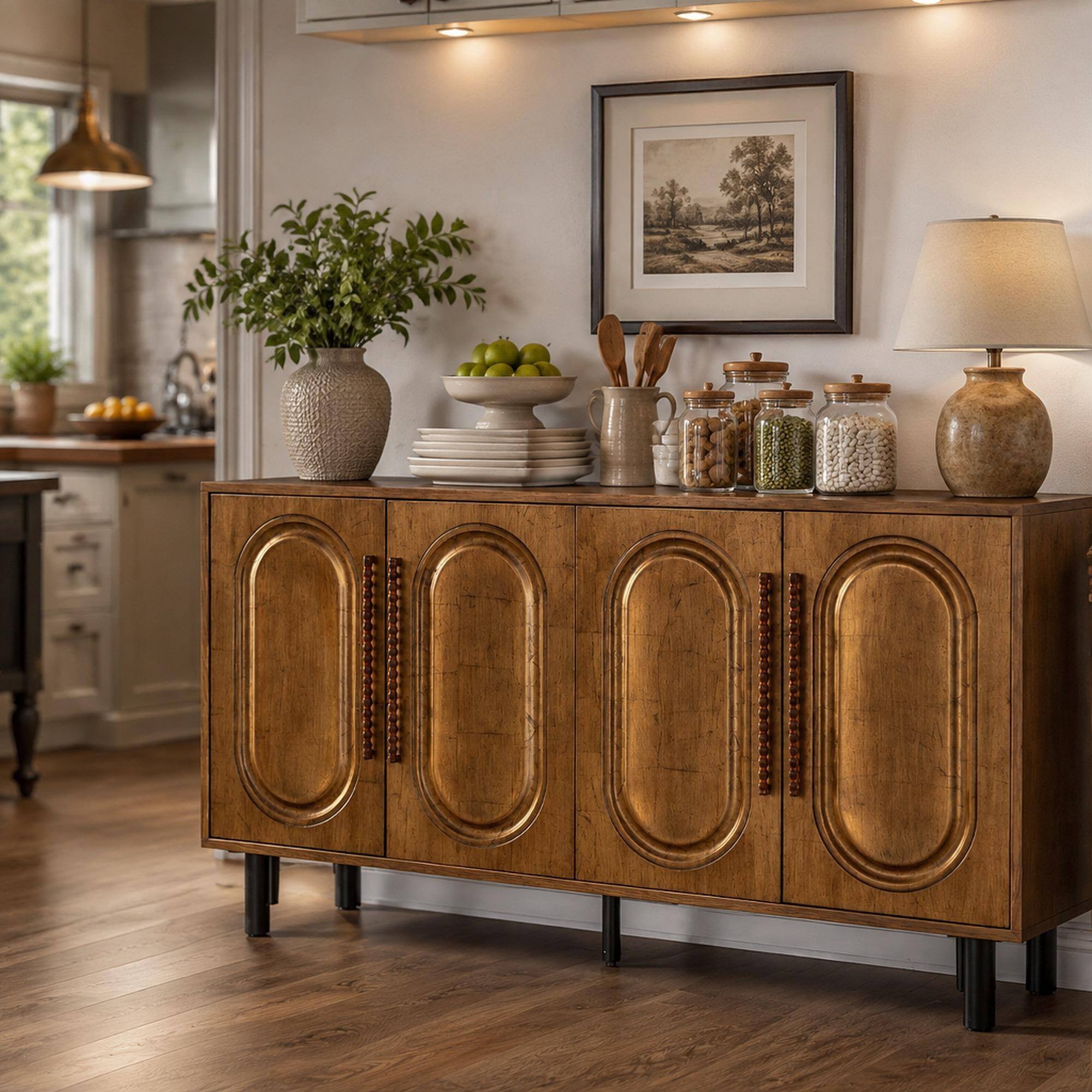 Front. RYHNUYNE - Freestanding 59.84 Inch Gold-Toned 4-Door Sideboard Buffet Cabinet with Arched Door Storage, Console Table - Antique Gold.