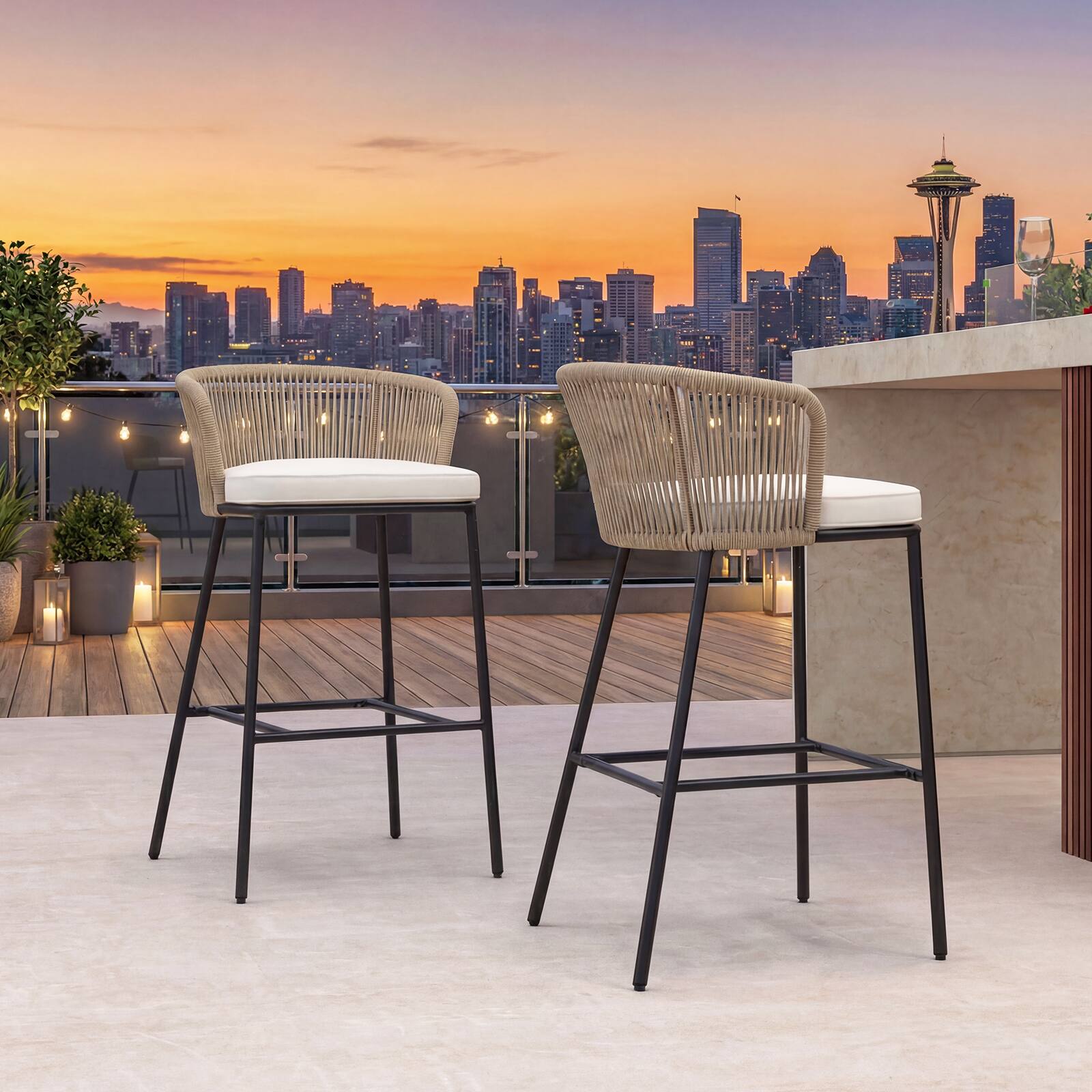 Alt View 4. Gymax - Gymax Outdoor Bar Stools Set of 4 w/Cushions & Backrests for Balcony Garden Poolside - Beige.