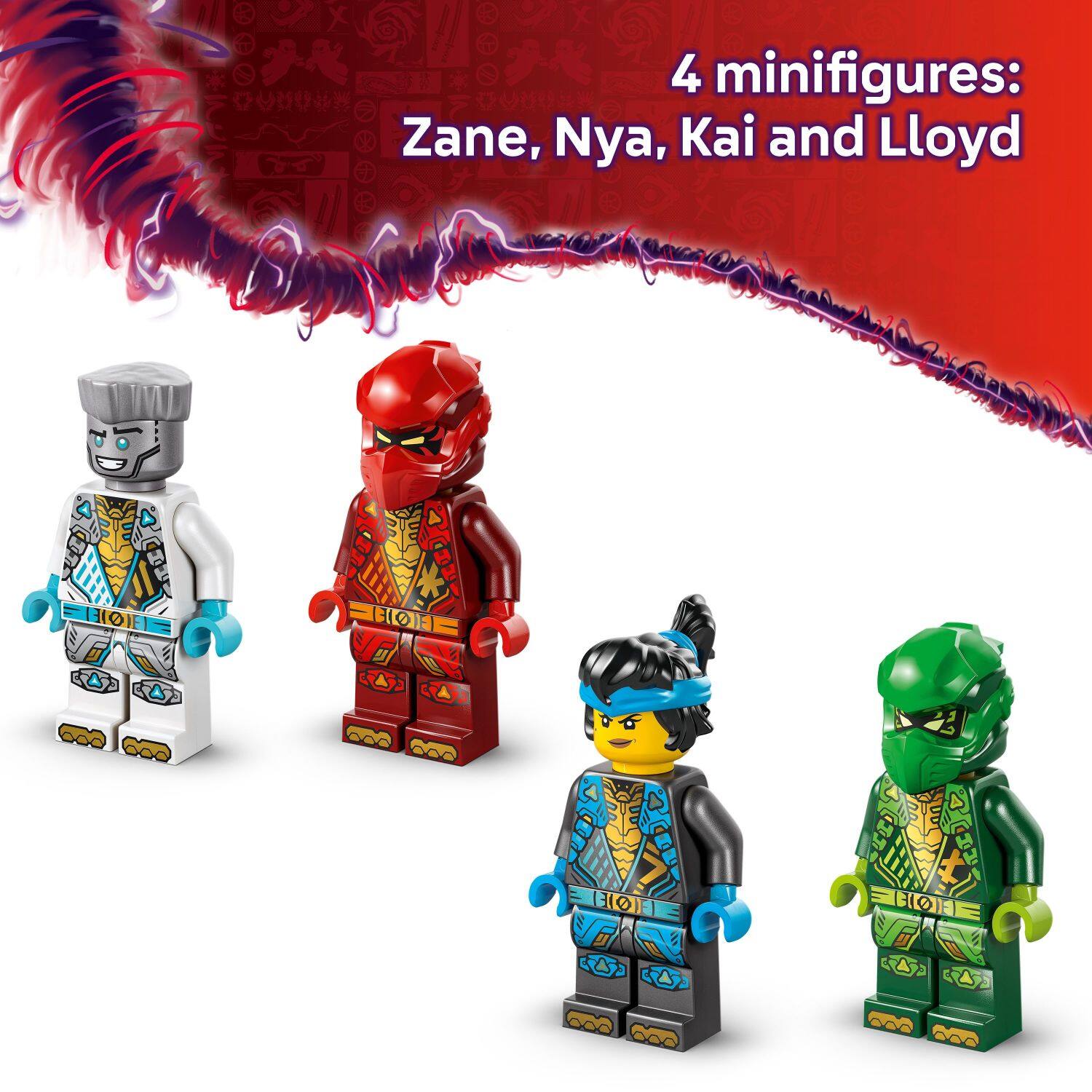 4 minifigures: Zane, Nya, Kai, and Lloyd.