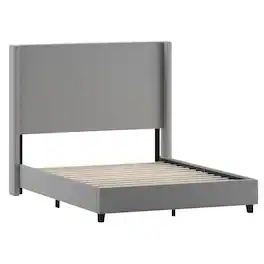 Flash Furniture - Quinn Queen Upholstered Platform Bed with Channel Stitched Wingback Headboard, Mattress Foundation with Slatted Supports - Gray