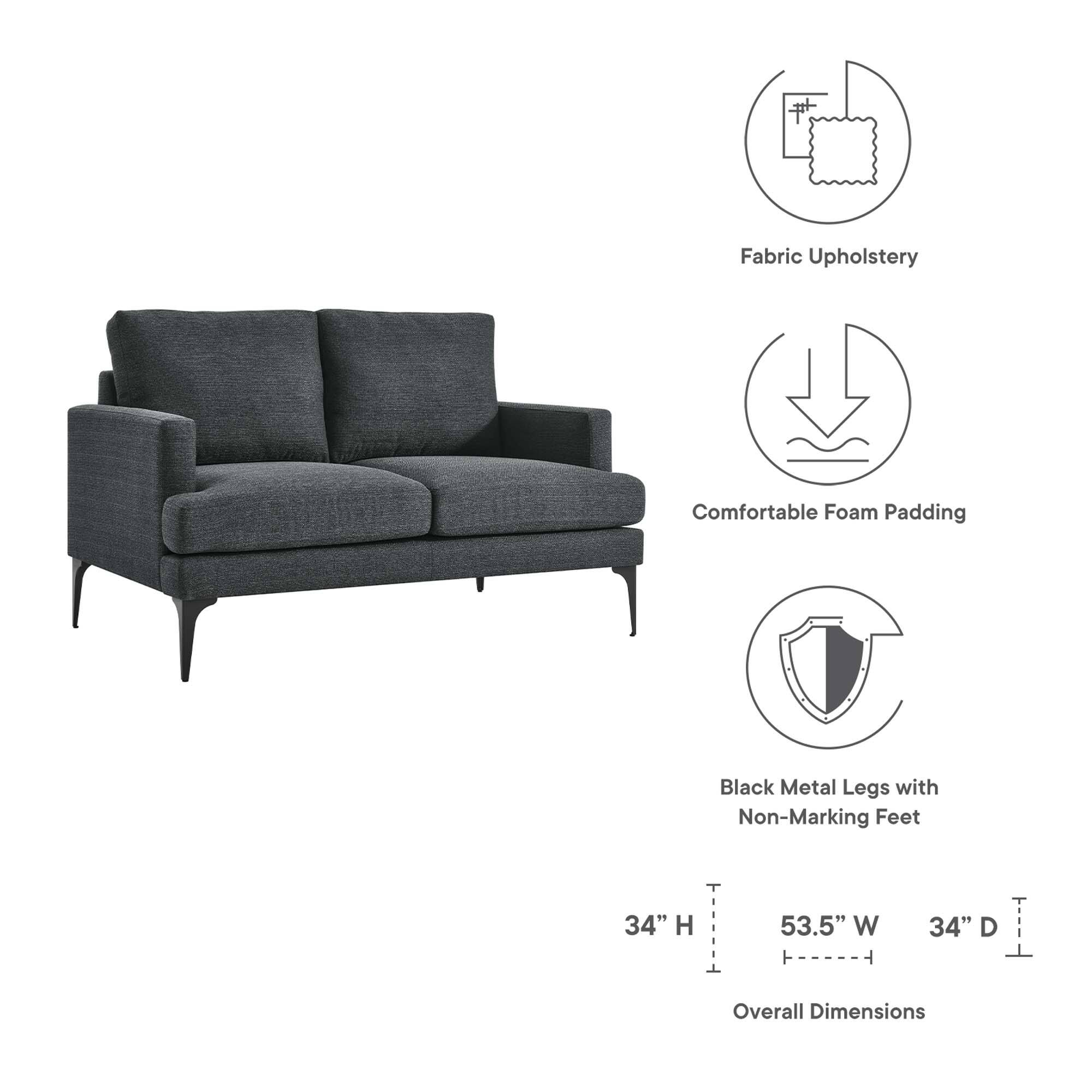 Fabric Upholstery  
Comfortable Foam Padding  
Black Metal Legs with Non-Marking Feet  

34" H  
53.5" W  
34" D  

Overall Dimensions