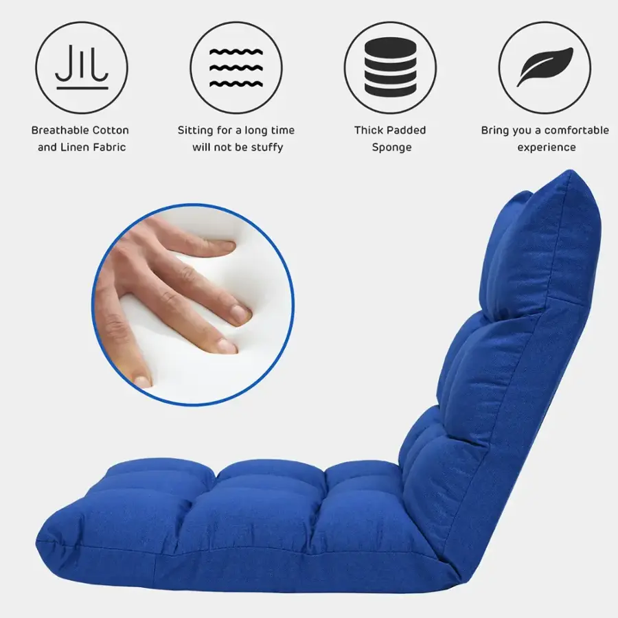 The text on the image is grouped and corrected as follows:

1. Breathable Cotton and Linen Fabric: Sitting for a long time will not be stuffy.
2. Thick Padded Sponge: Bring you a comfortable experience.
